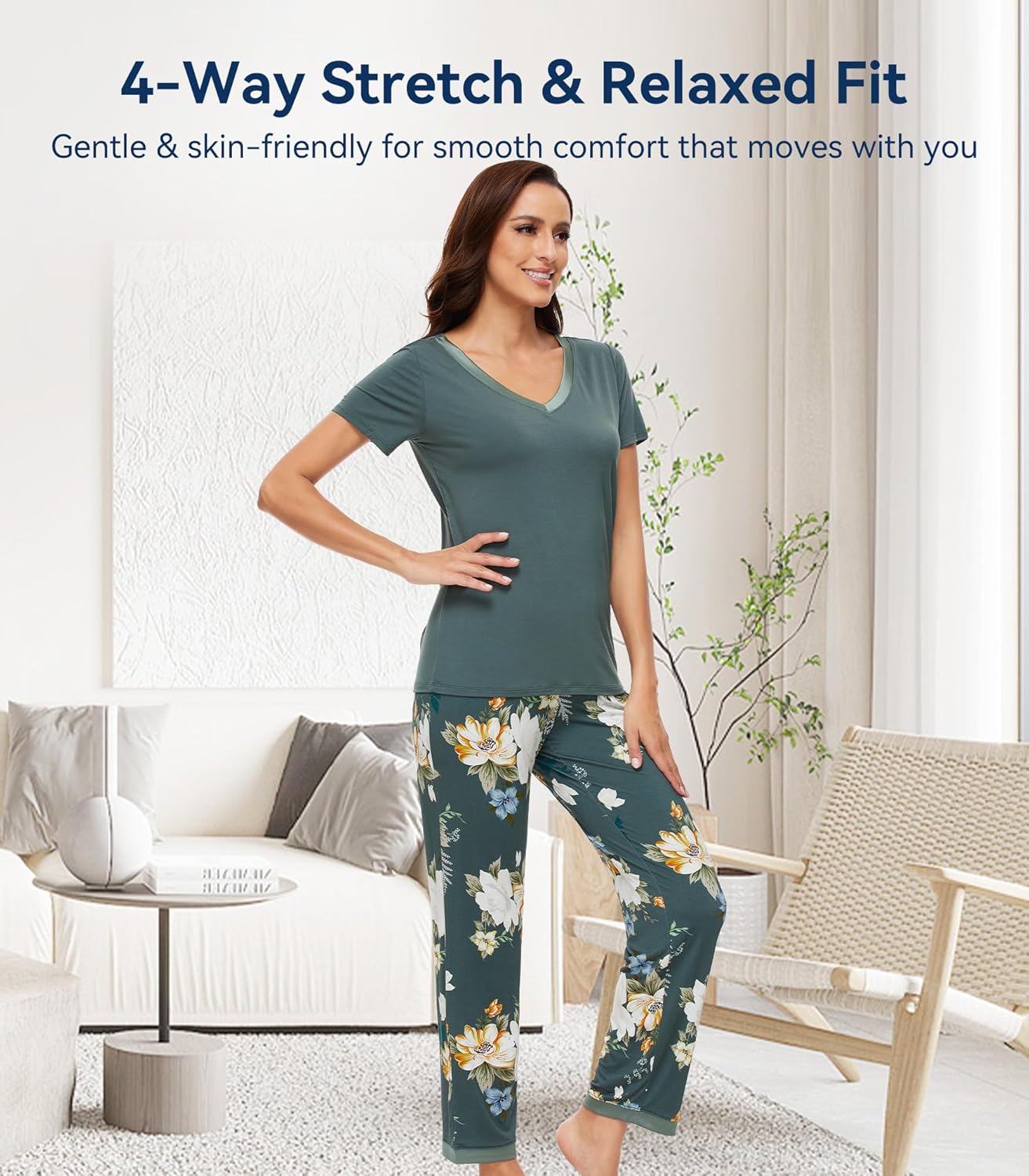 WiWi Womens Viscose from Bamboo Pajamas Set Short Sleeve Top with Pants Pjs Soft V Neck Sleepwear Lightweight Loungewear S-3X - Image 2