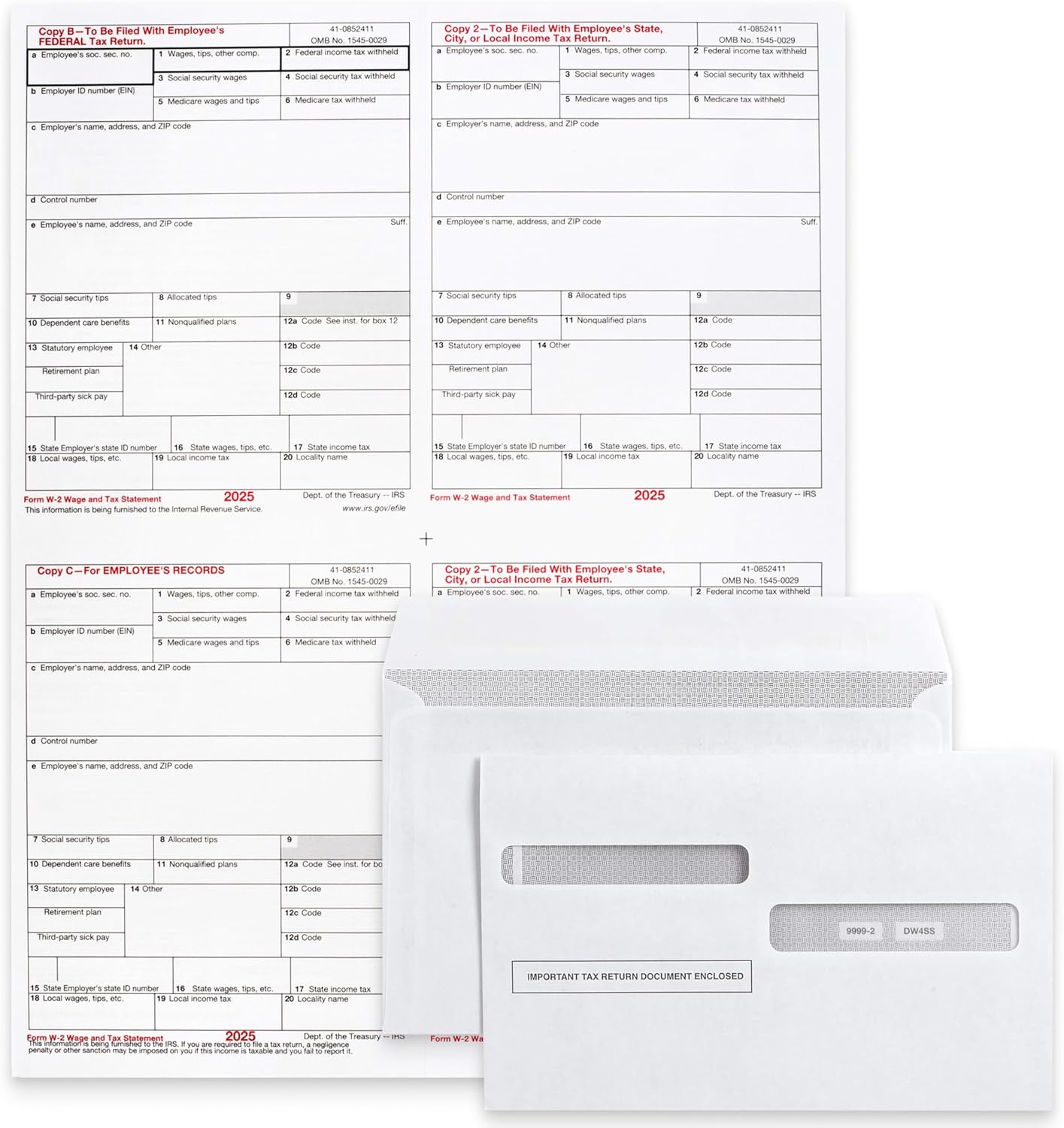 2025 Pre-Printed W2 4-Up Laser Tax Forms Set with Double-Window Envelopes, for 25 Employees