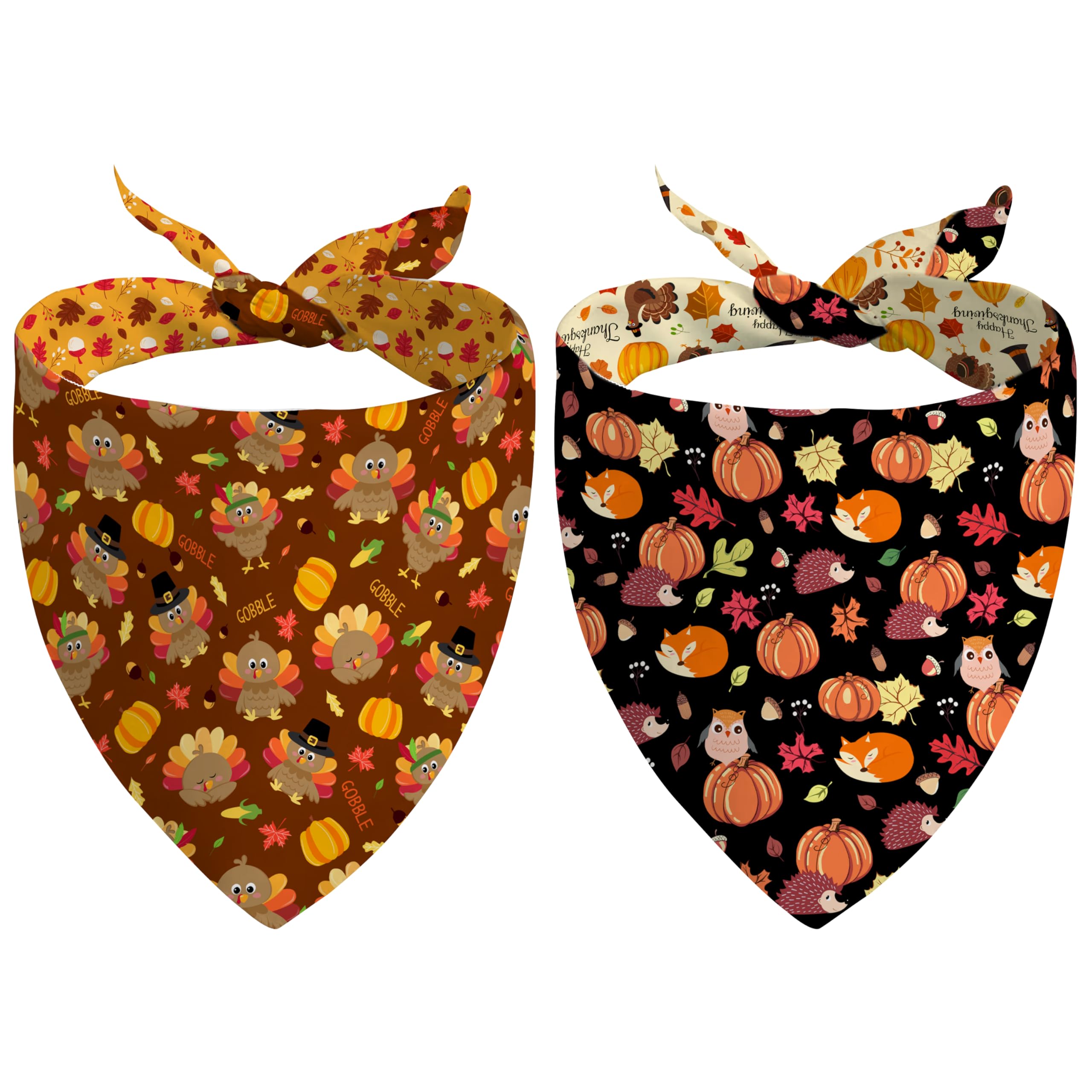Fall Thanksgiving Dog Bandana Reversible 2 Pack Large, Pumpkin Turkey Leaves Fox Cute Fall Pet Bandanas for Dogs Adjustable Triangle Holiday Scarves for Medium Large Extra Large Boy Girl Dogs