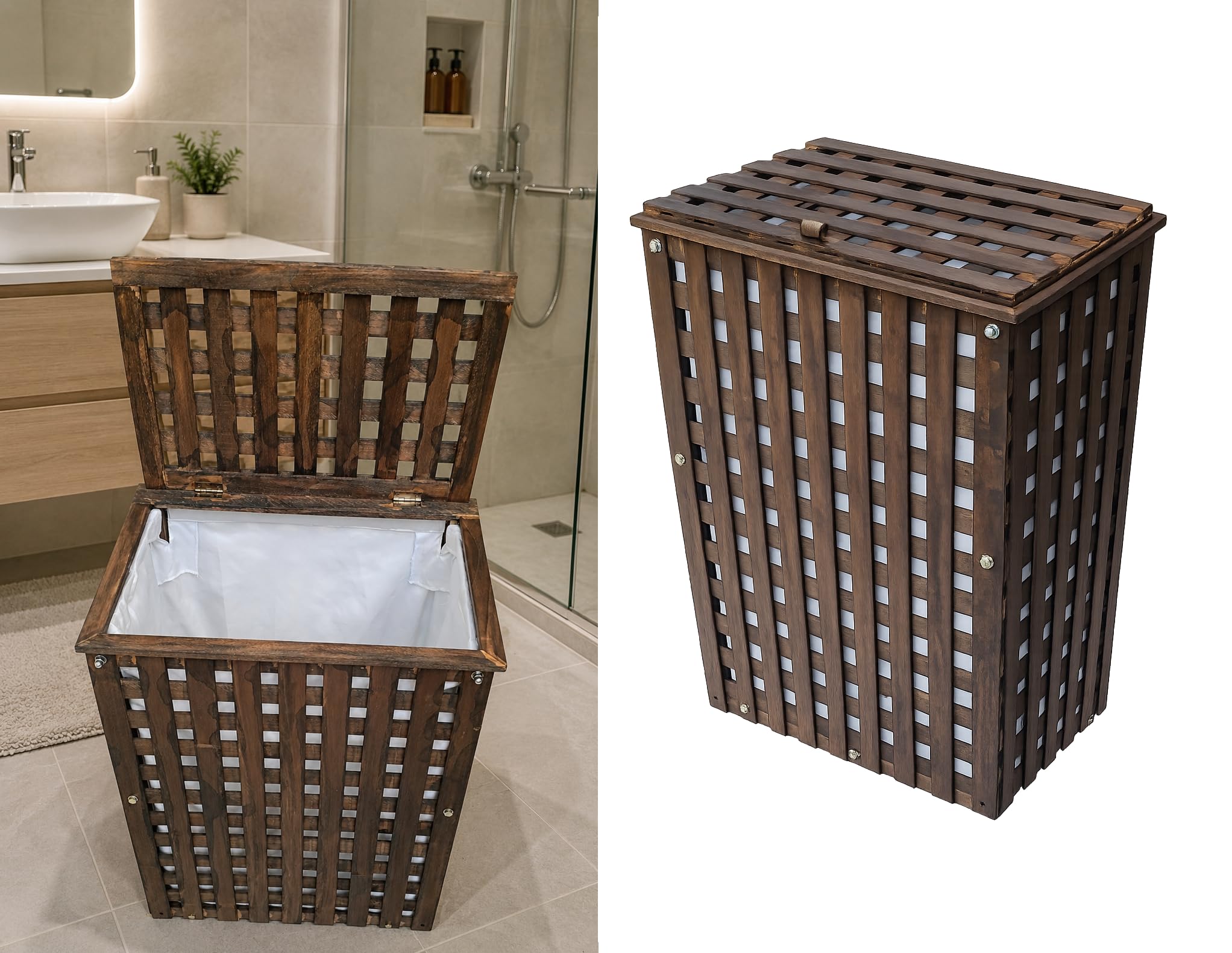 SSB Teak Wood Laundry Hamper with Lid, Slatted Design, Single Compartment Storage Basket (LaundryBin L)-image-5