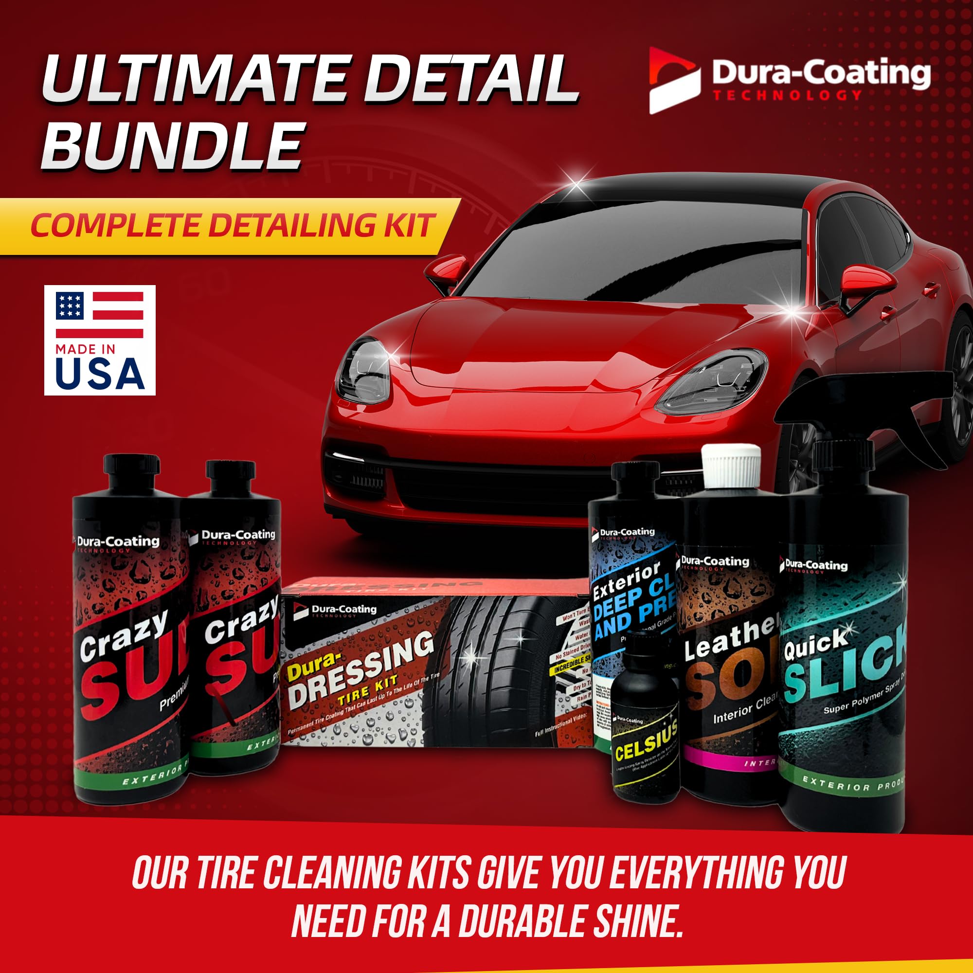 DURA-COATING TECHNOLOGY, Ultimate Car Detailing Kit- Includes a Dura-Dressing Single Vehicle Standard Car Detailing Kit and a Dura-Dressing Total Tire Kit for Vehicles - Car Cleaning Kit