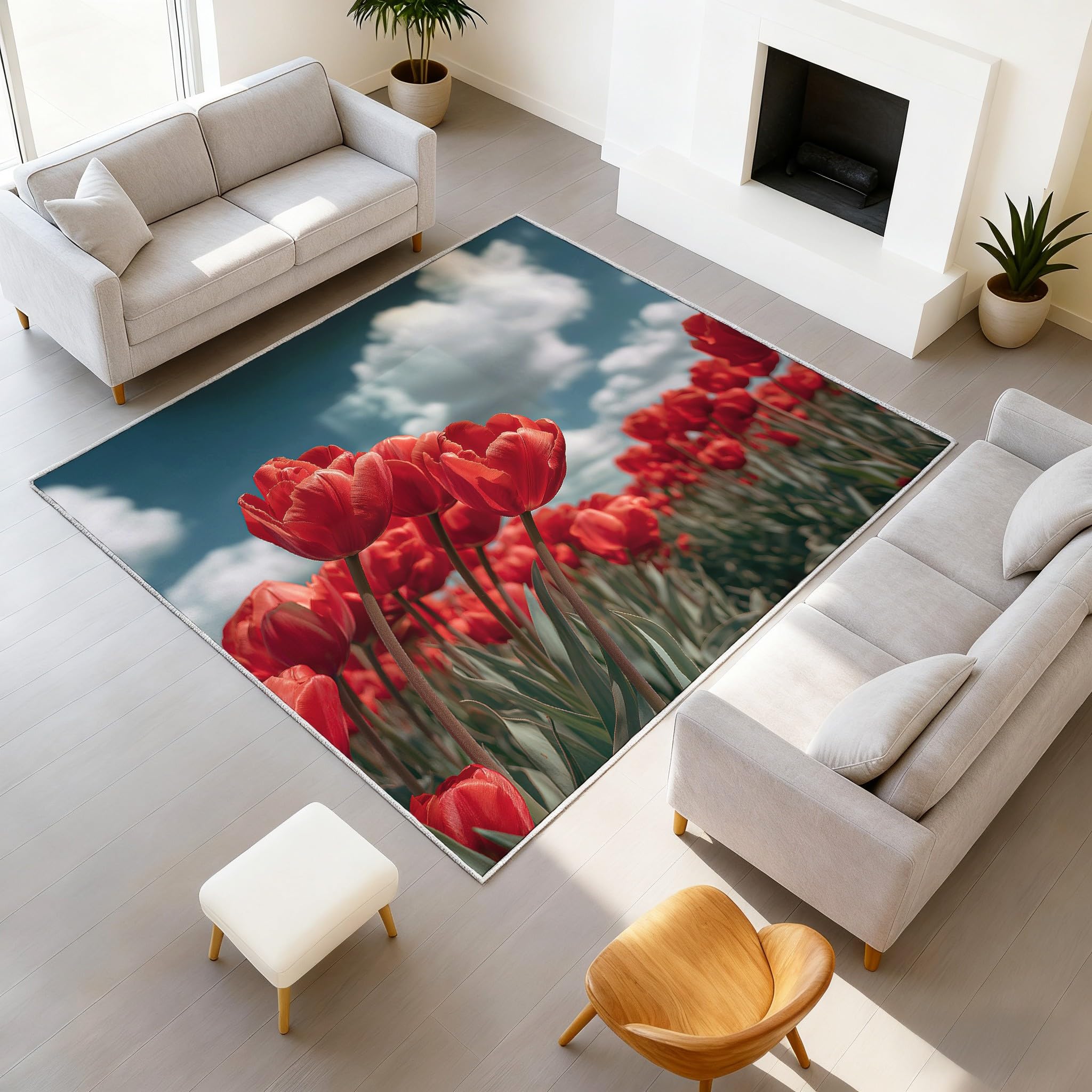 Générique Tapis De Salon Poils Ras Grand Nature Floral Intérieur Antidérapant Tapis Imprimé Style champêtre Couleur Tulipe Rouge Ciel Bleu, Paillasson Confortablex Lavable 120 x 180 cm