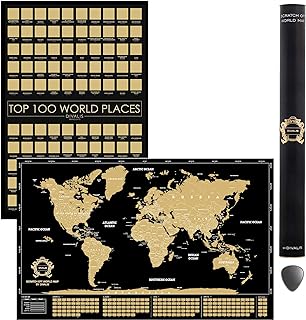 2 in 1 Gift Set - Scratch off Poster Top 100 Places to Visit in the World and Scratch off World Map - Best Places I`ve Been Map - Globetrotter Poster of Places Where You Have Been - Bundle of Two