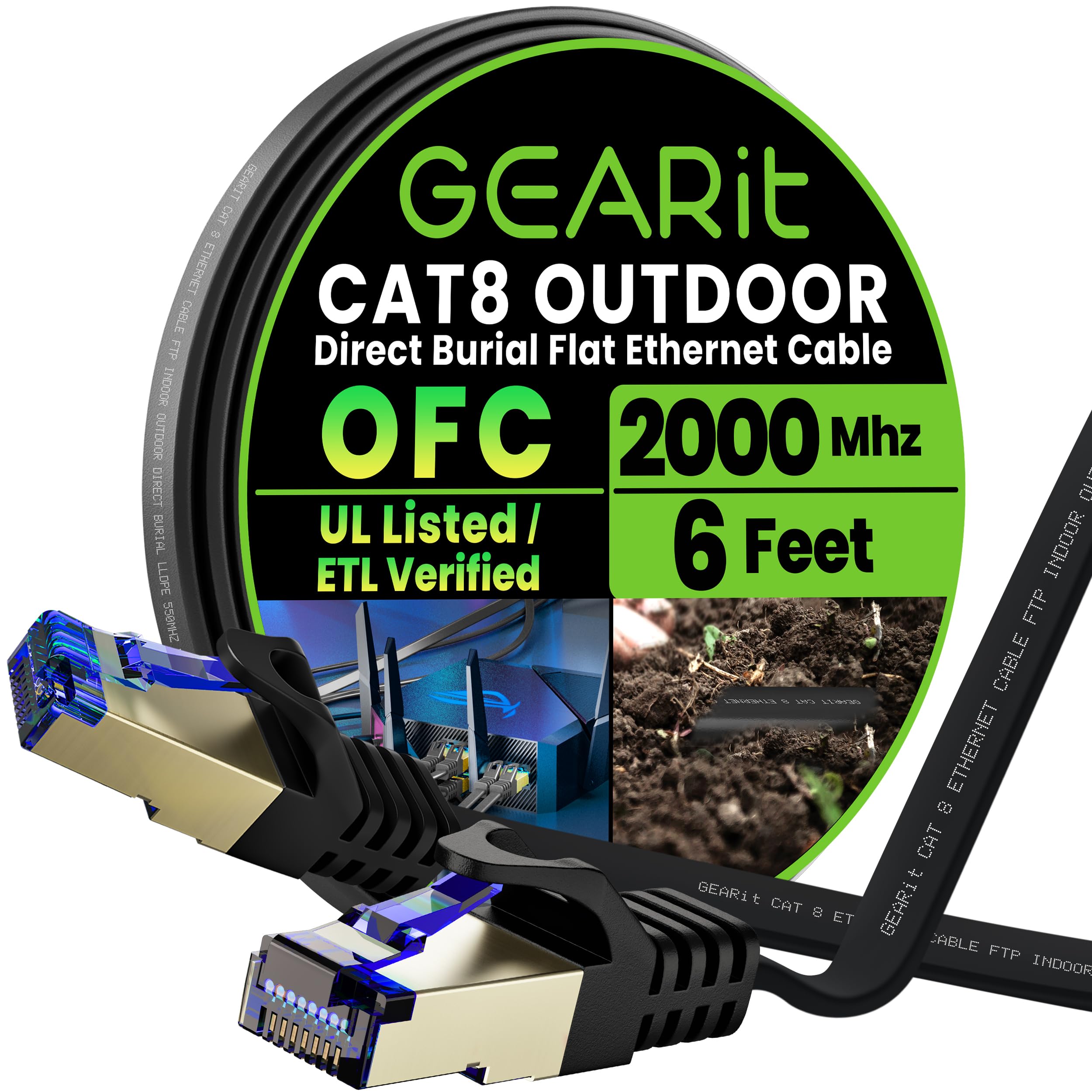 GEARit Cat 8 Outdoor Flat Ethernet Cable (6ft, Black) Direct Burial Rated LLDPE Jacket - Indoor Cat8 Shielded FTP 2000Mhz 40Gbps High Speed Gaming