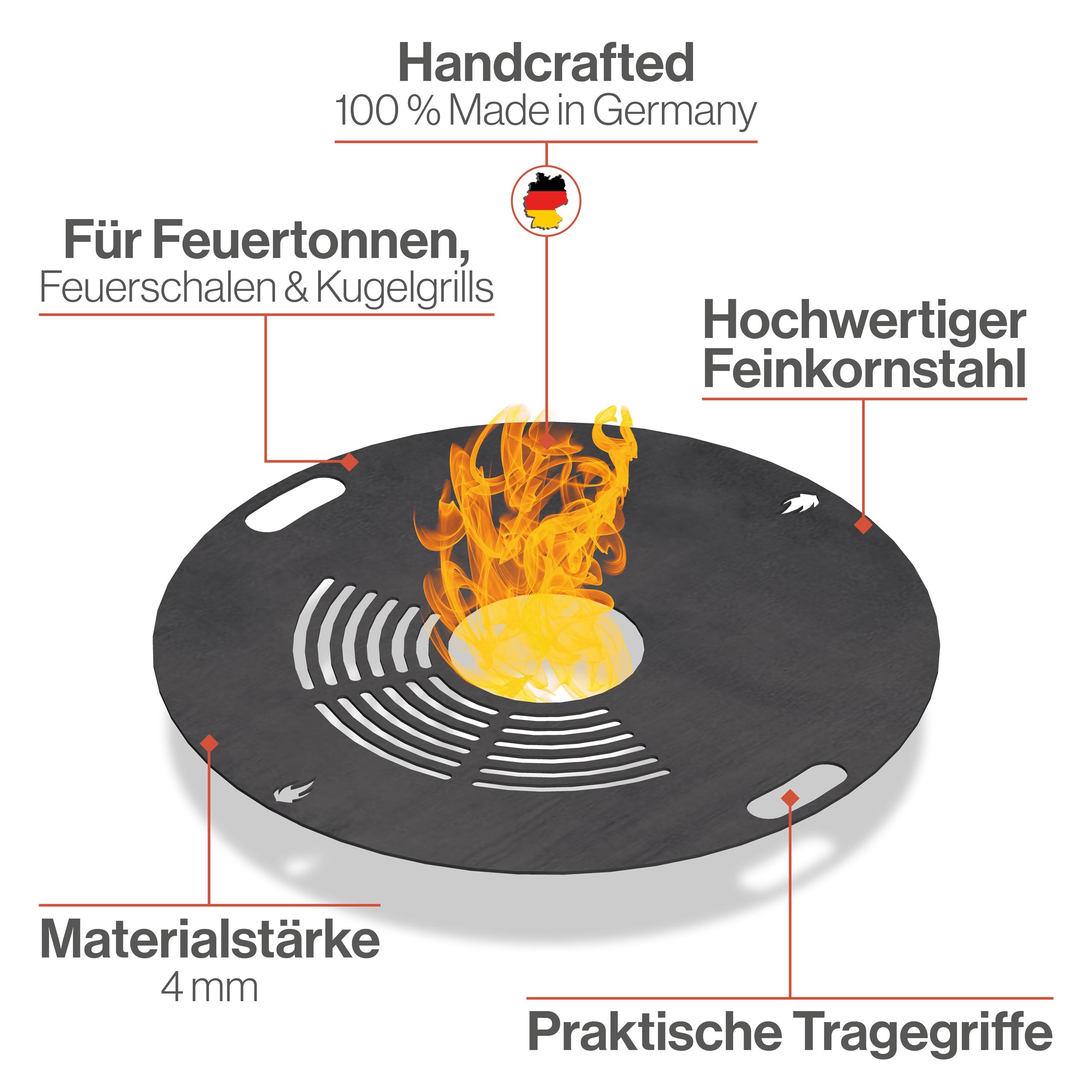 Feuerfest 123 Plaque de gril ronde I Ø 60 cm I Plaque de feu en acier à grain fin I Plaque de plancha massive de 4 mm d’épaisseur I Accessoire de gril pour brasero, tonne à feu, tonne de barbecue et