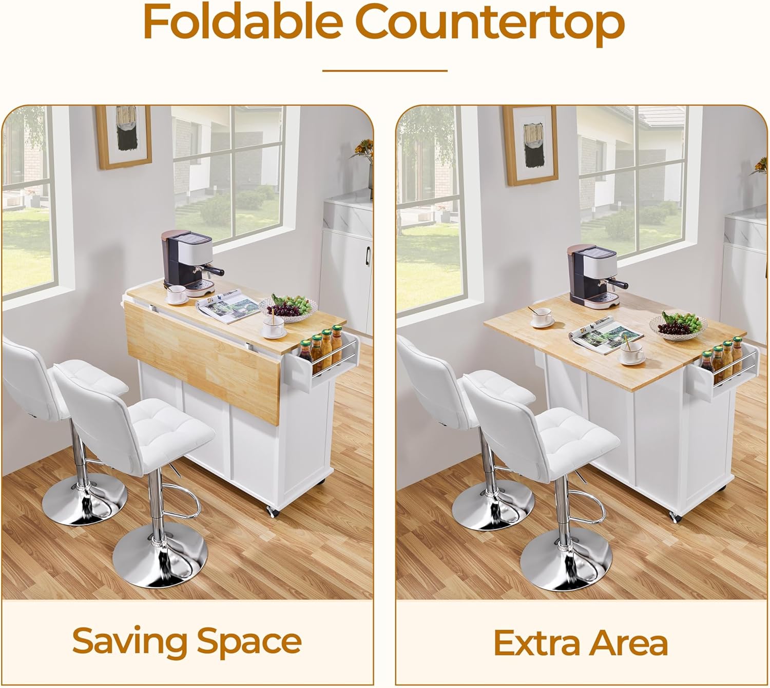 Yaheetech Kitchen Island Cart with Drop Leaf, 49" Rolling Island Table with Storage, Drawer, Kitchen Cart with Rubberwood Top, Detachable Towel & Spice Rack, White