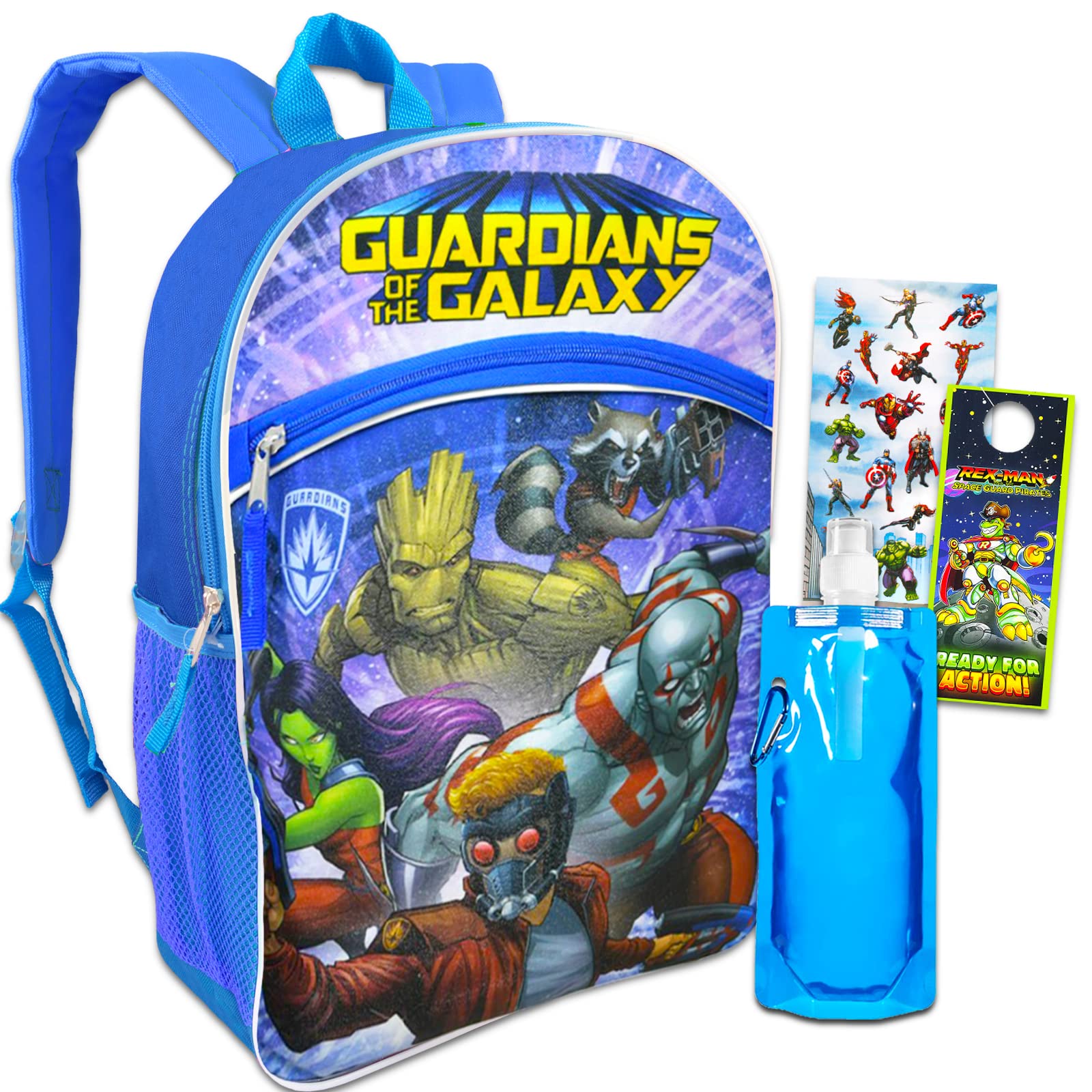 Fast Forward Guardians of the Galaxy Backpack Set - Bundle of 16" Marvel School Bag, Stickers, Water Bottle, More | Groot, Drax Rocket School Supplies
