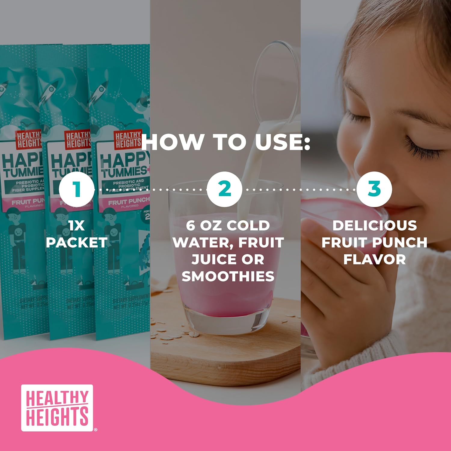 Healthy Heights Happy Tummies Prebiotic Fiber and Probiotic Supplement for Kids Ages 2+, Sugar Free, Fruit Punch Flavor, 15 Servings - Image 5