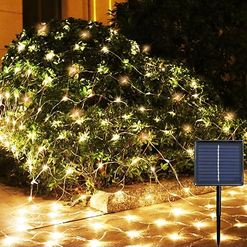 Luces solares de malla para exteriores, color blanco cálido, 204 luces LED de Navidad, alambre transparente, 8 modos de luz solar para arbustos,
