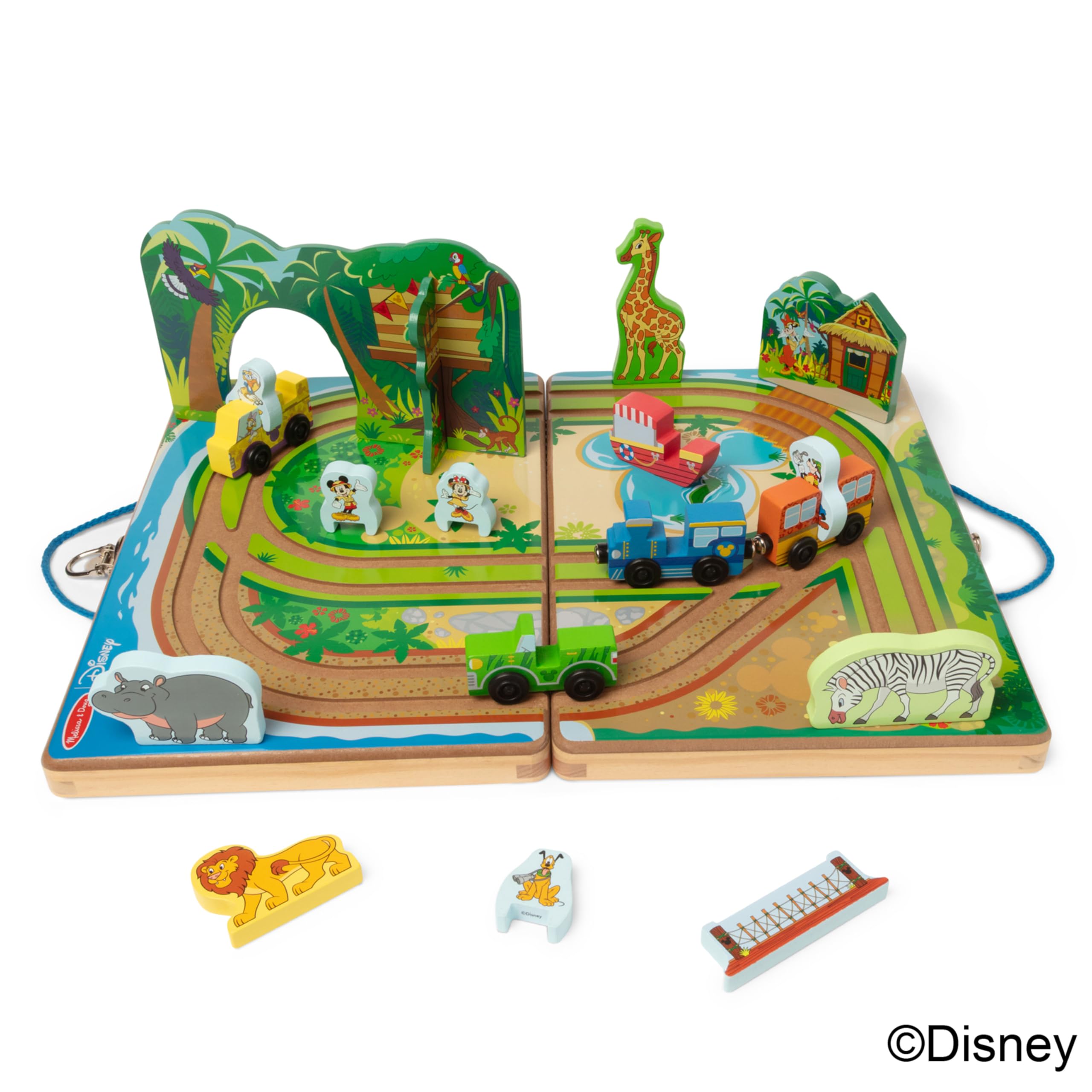 Melissa & Doug Disney Take-Along Safari Adventure - Set da gioco in legno con binari integrati, 20 pezzi, Topolino, Minnie, giocattolo in legno per bambini e bambine dai 3 anni in su, certificato FSC