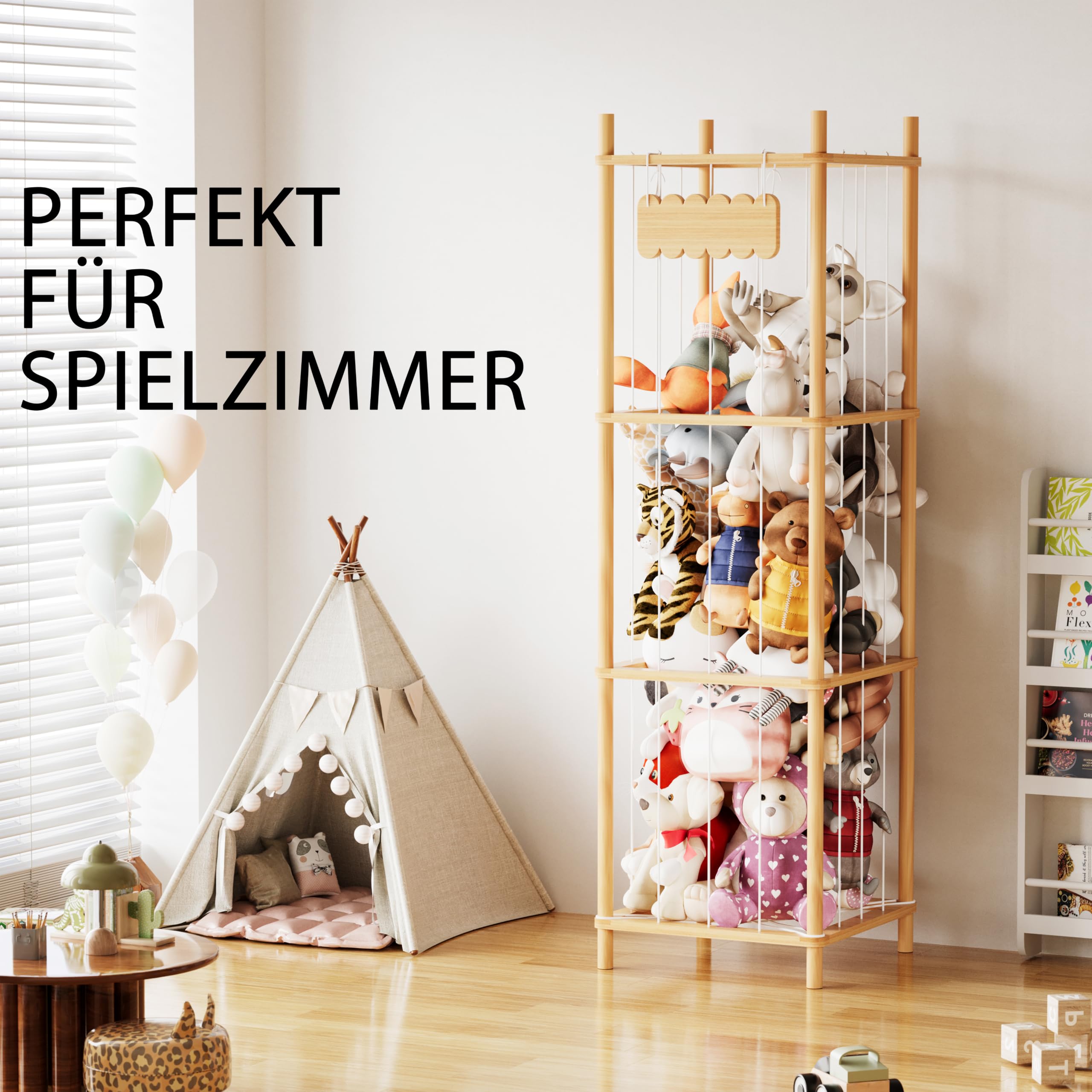 SpaceAid Stofftier Aufbewahrung Holz, Kuscheltier Zoo Organizer, Großer Plüschtier Aufbewahrung Käfig für Kinderzimmer, Spielzeug Aufbewahrungshalter, 40 cm Breit, Natur