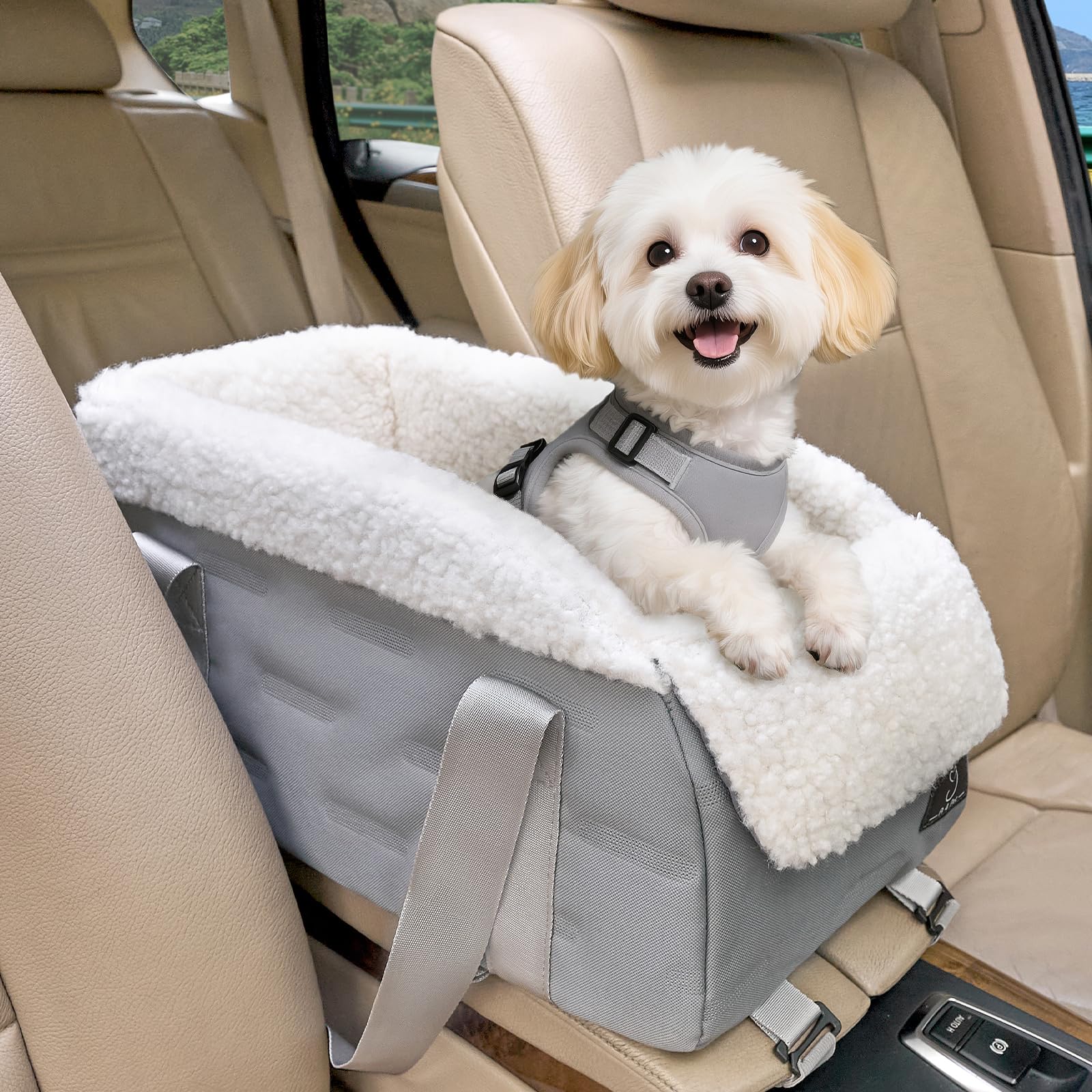Center Console Dog Car Seat for Small Dogs Under 12 lbs – Secure Booster Seat with Safety Tether, Fits Most Cars & SUVs, Soft Washable Cushion, Portable Carrier Ideal for Pet Travel