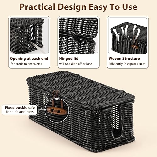 Miniatura 5 de Cable Management Box, Handwoven Faux Rattan Cord Organizer Box with Lid, 2 Open Slots Cable Organizer Box, Decorative Cord Hider Box for Tv Computer