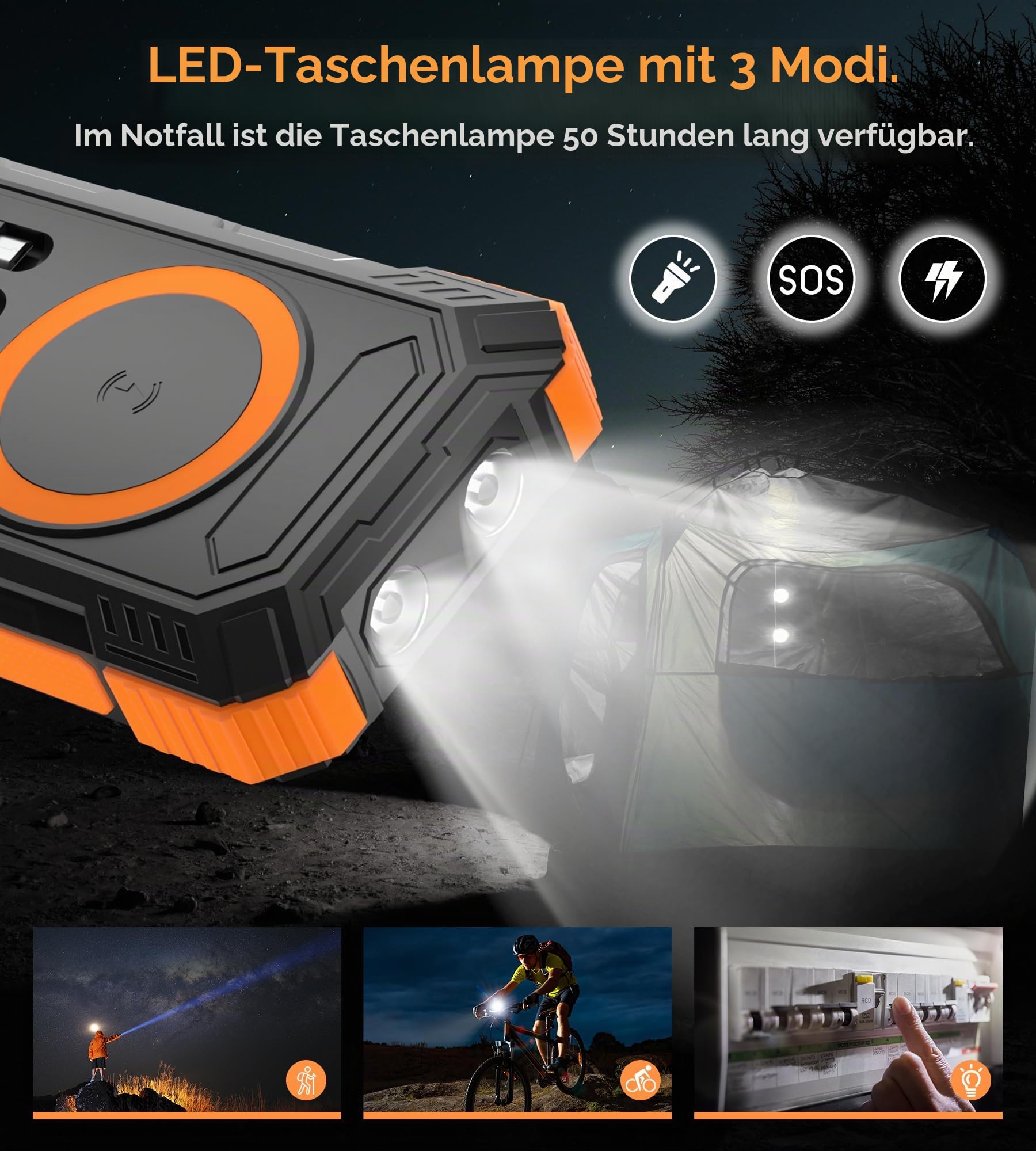 56800mAh Solar Powerbank, Wireless Power Bank groß mit 4 Kabeln, 30W PD Schnellladefunktion, 6 Ausgänge, Taschenlampen, Power Bank große Kapazität für Camping, Outdoor, Phone, Tablets (Orange)