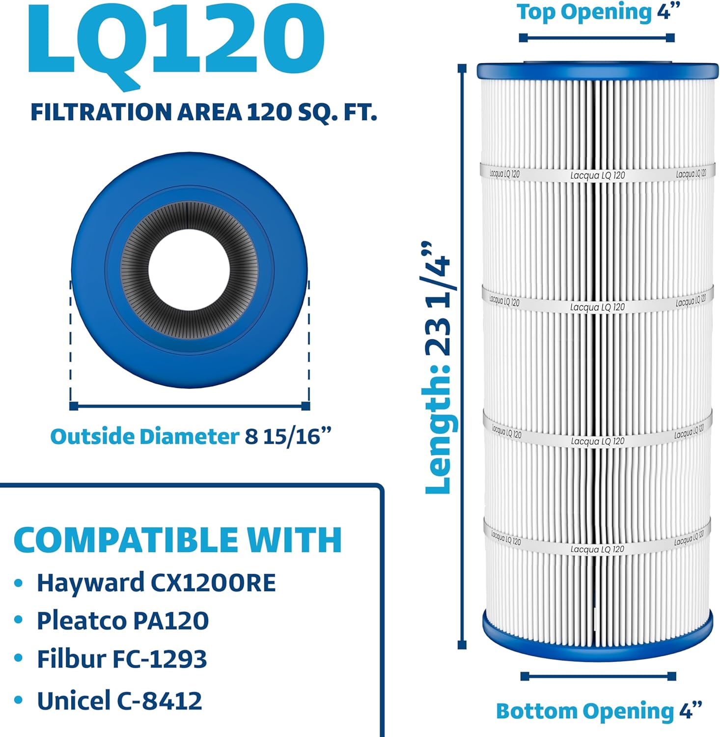 LACQUA Pool Filter Cartridge LQ120 120 SqF for Hayward C1200, CX1200RE, Pleatco PA120, PA120-EC, Unicel C-8412, Filbur FC-1293, Clearwater II 125, Waterway PCCF-125. Hose Nozzle Included