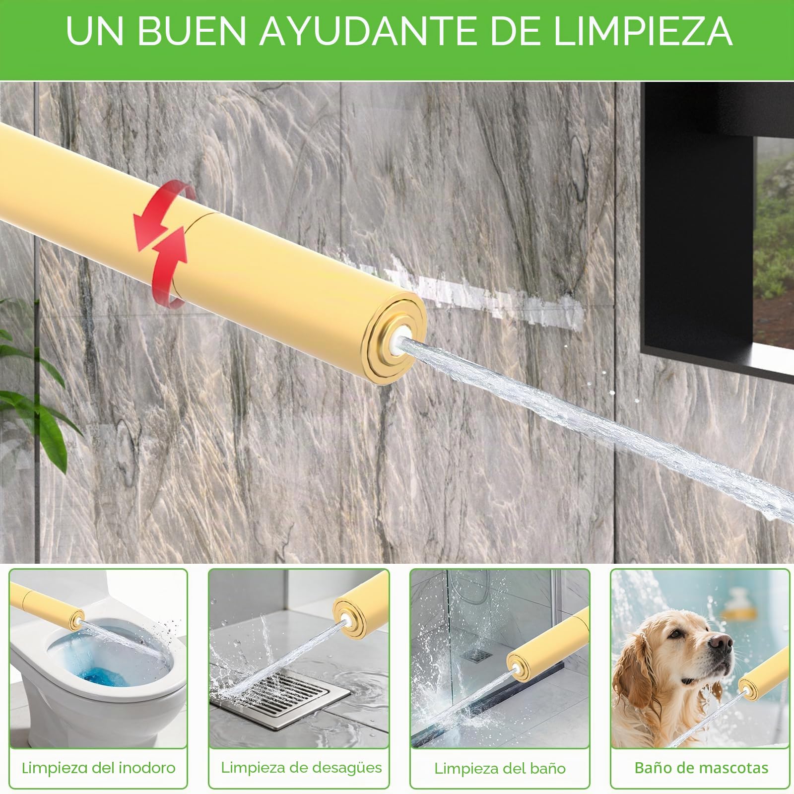 Cabezal de ducha de mano de latón con manguera, varita de ducha de alta presión de 2 modos, manguera de acero inoxidable de 59 pulgadas de largo, ahorro de agua, oro cepillado