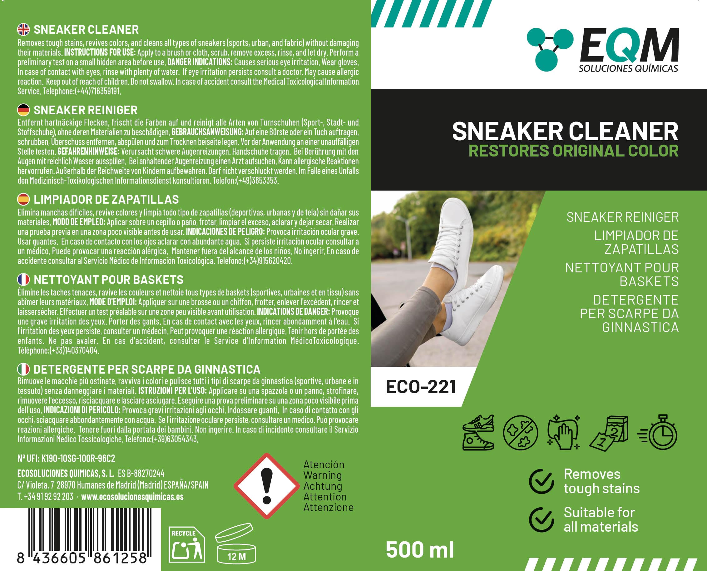 EQM - ECO-221 - Limpiador de Zapatillas - 500 ML - Fórmula Profesional para Cuero, Lona y Malla - Limpia en Profundidad, Renueva y Protege las Zapatillas