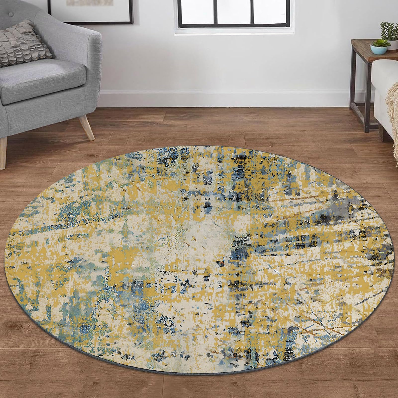 Moderner abstrakter runder Teppich, Senfgelb und Blau, 100 cm, rund, waschbar, Beige meliert, für Schlafzimmer, Wohnzimmer, Küche, Heimdekoration