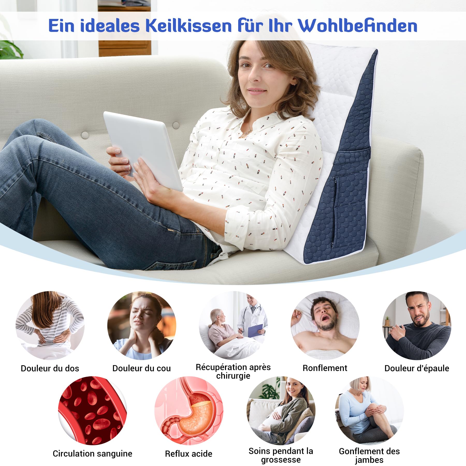 INFANZIA Cojín reclinado para cama, Almohada Triangular Ergonómica con memoria de forma para apnea del sueño, cojín de esquina, ronquidos, reflujo ácido, leer, piernas elevadas de 21 cm
