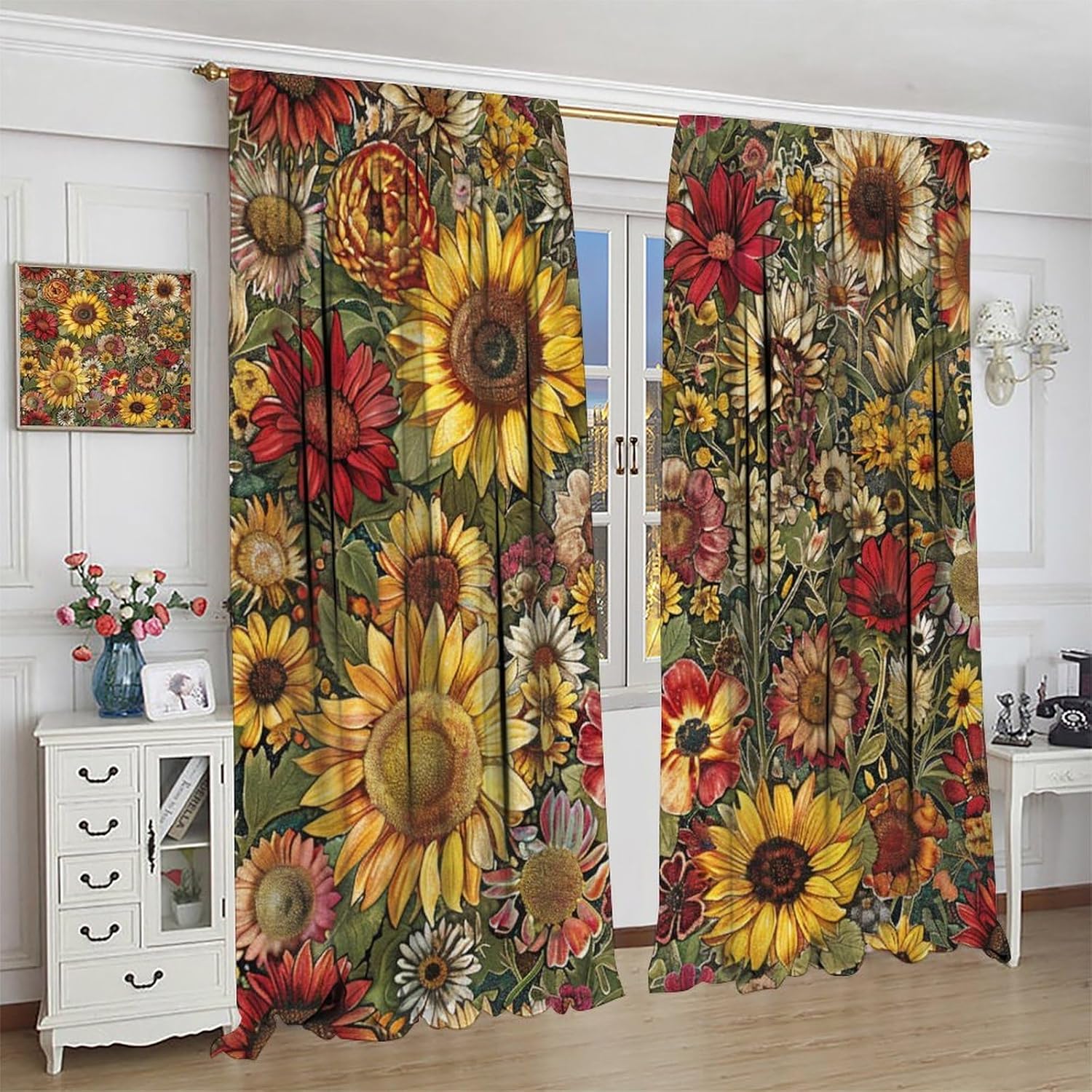 Floral Garden Blackout Curtains, Daisy Sunflower Wildflower Vintage Flower Theme Window Drapes Home Decor Rod Pocket Curtain for Living Room Bedroom, 2 Panels, Each 21" W x 45" L