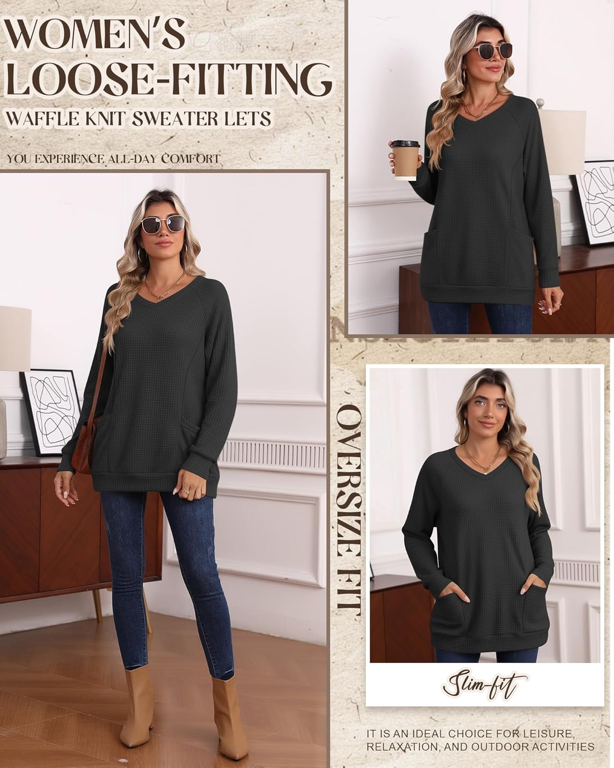 Women's Long Sleeve Shirts Waffle Knit Tunic Tops Oversized Sweatshirt Casual Blouses V Neck Pullover Sweaters - Image 5
