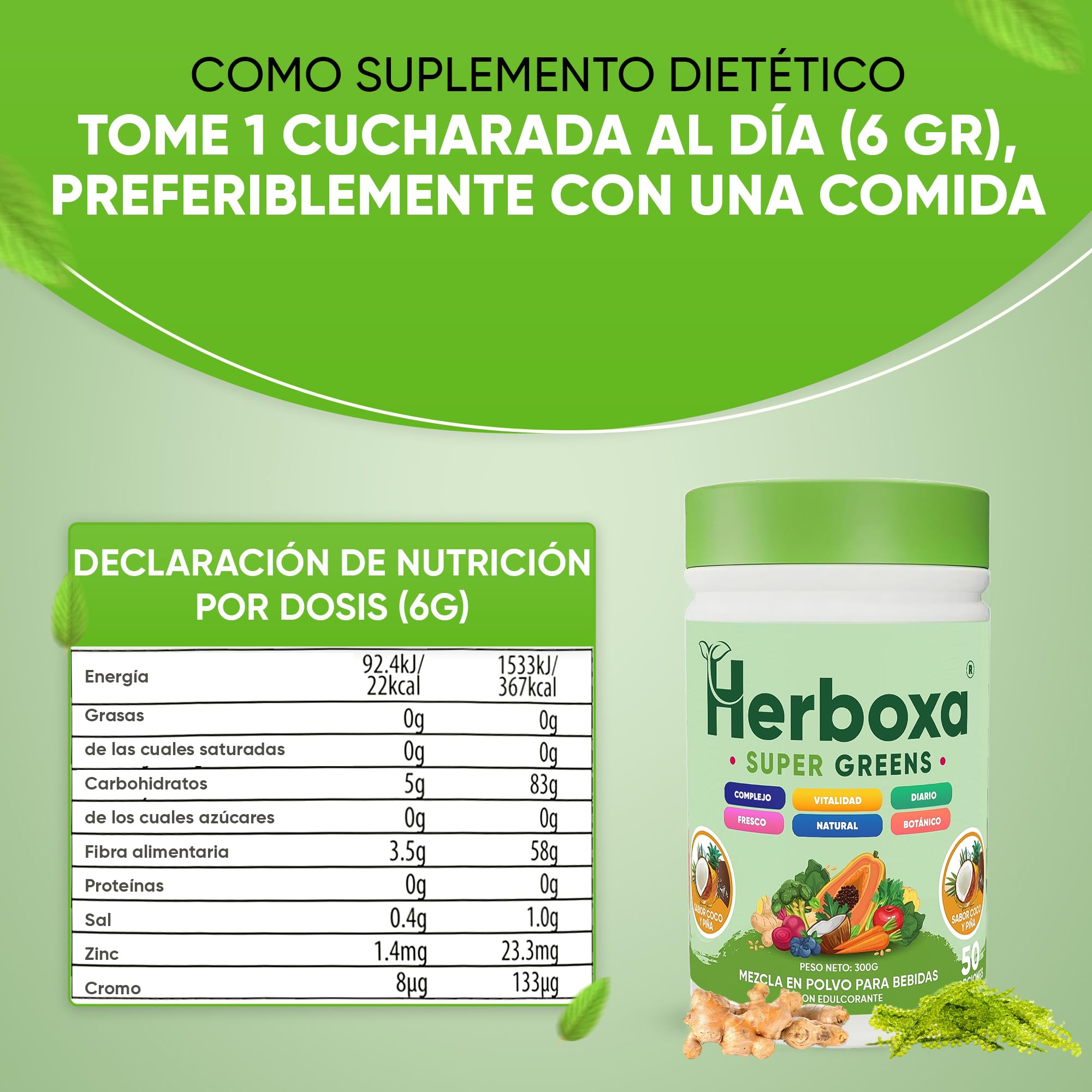Herboxa Super Greens Polvo con Más de 30 Superalimentos Verdes, con Probióticos y Enzimas, Sabor coco piña, Complemento Alimenticio, 50 Porciones