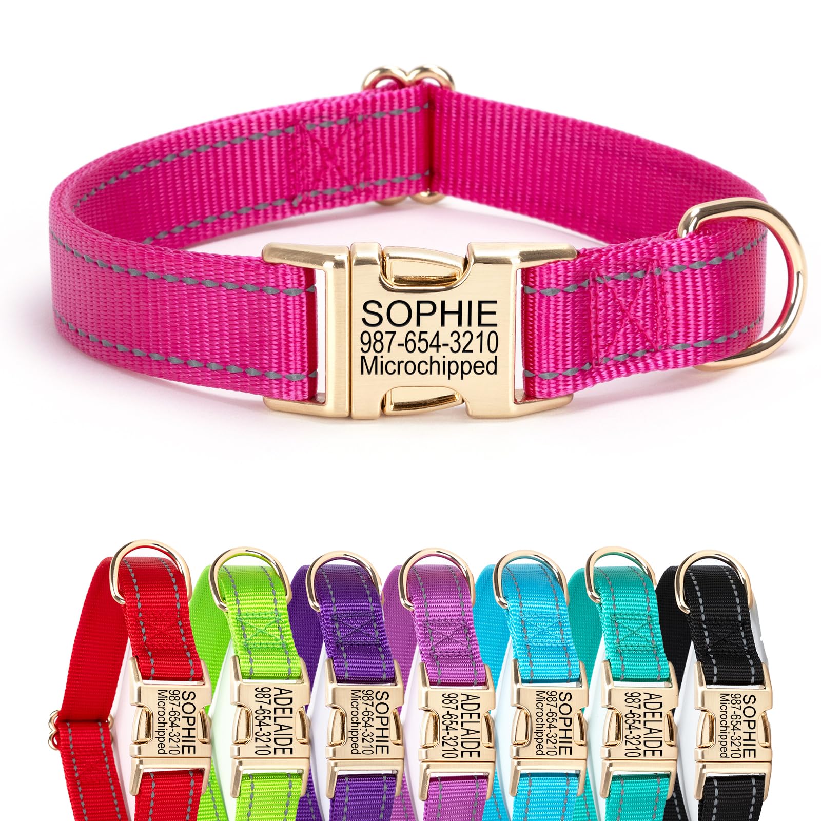 Personalized Reflective Nylon Dog Collar with Name Tag | Custom Engraved Golden Buckle Dog Collars | Metal Buckle Adjustable XS S M L XL Pet Collar for Small Medium Large Dogs（Rose Red） — image 1
