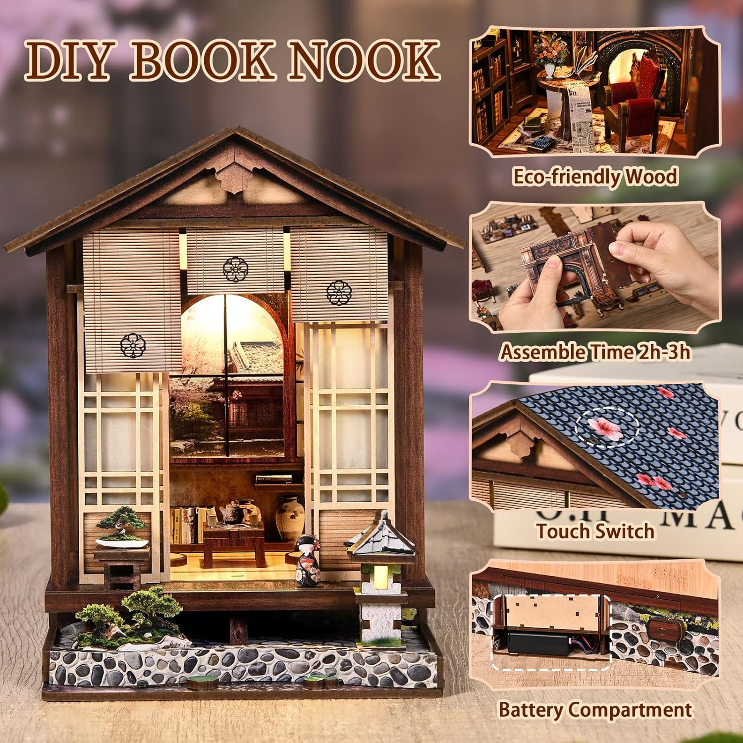 DIY Book Nook Kit Japanese Machiya, 3D Wooden Puzzle for Adults Beginners with LED Light, Bookshelf Insert Decor Adult Craft, Unique Home Decor Great Gift for Book Lovers Friends Family