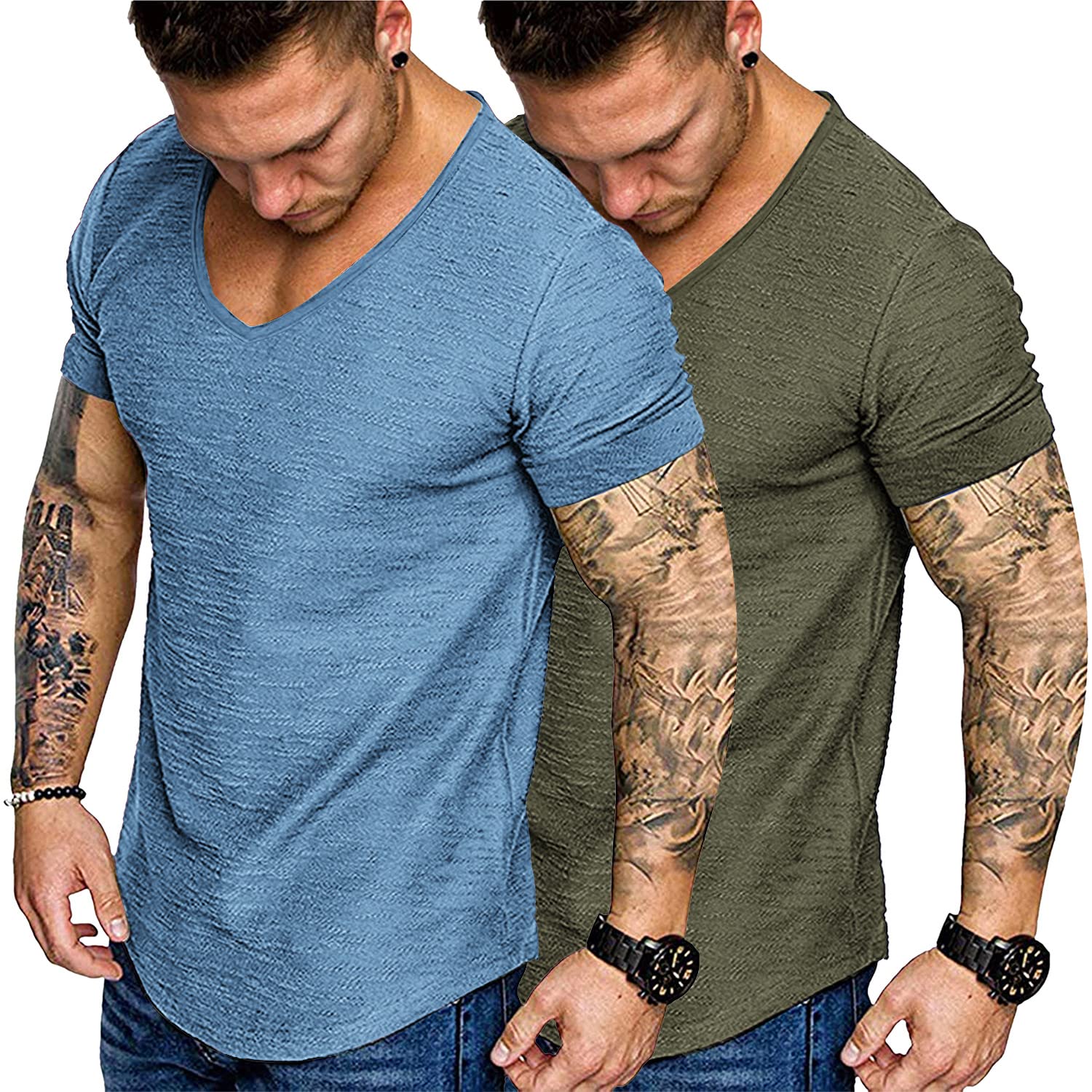 COOFANDYMens 2 Pack Muscle V Neck T Shirt Fitted Gym Workout Short Sleeve Tee