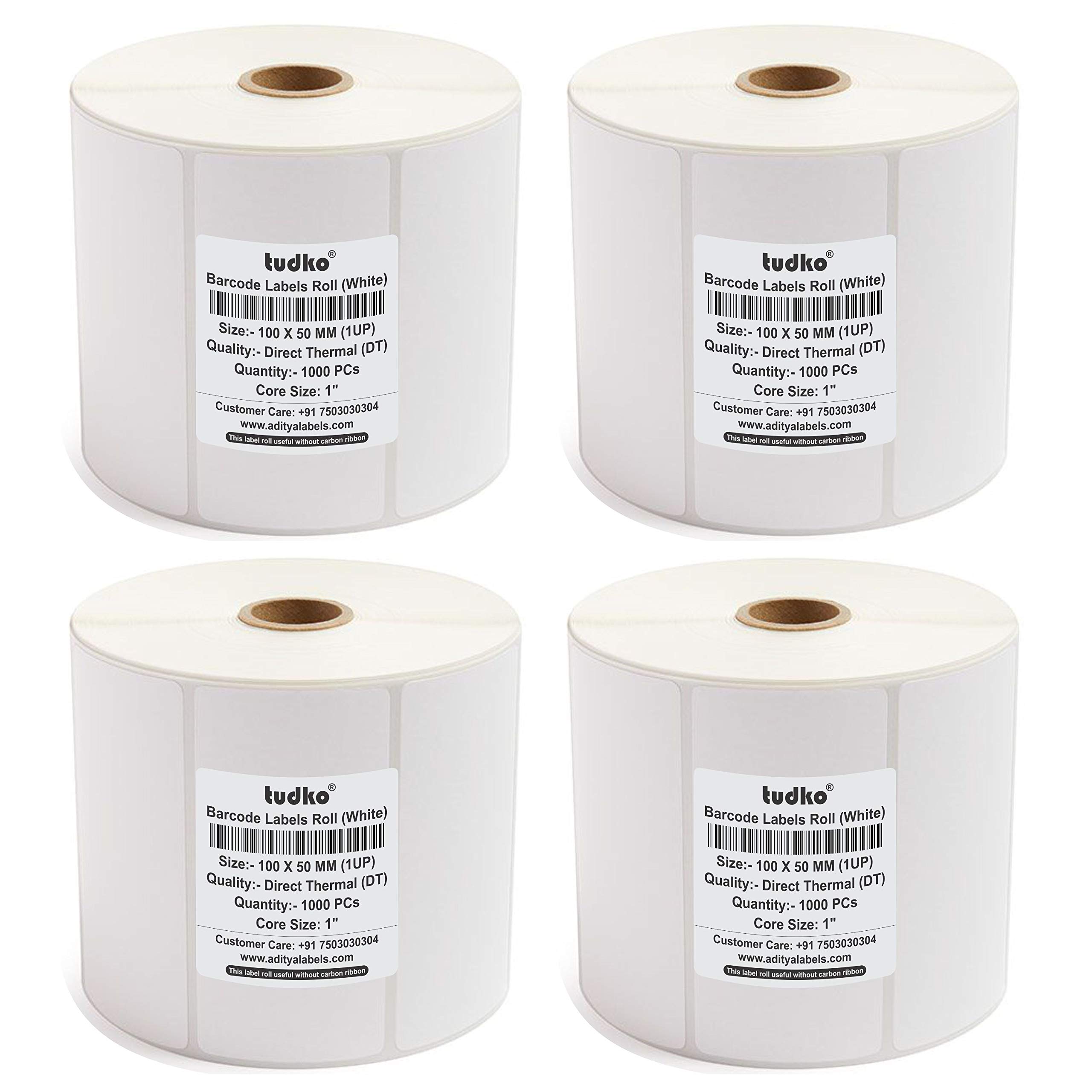 Tudko® 100x50 mm Direct Thermal Self Adhesive Barcode Paper Label Sticker Roll - Pack of 4 roll - 1000 Labels in a roll (White)