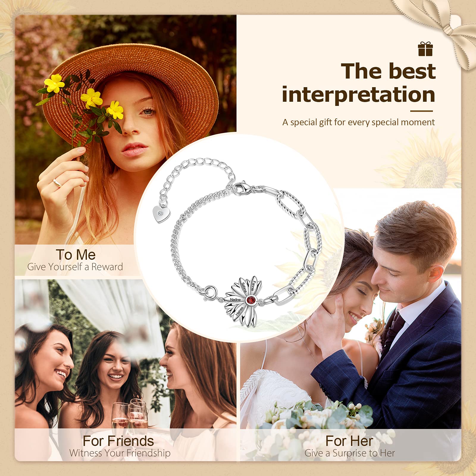 Pulsera personalizada para mujer, pulsera de plata 925 con piedra natal ajustable de girasol grabado con 2 nombres, joyería de Navidad, regalos para mamá o novia, cumpleaños, Cubic Zirconia,