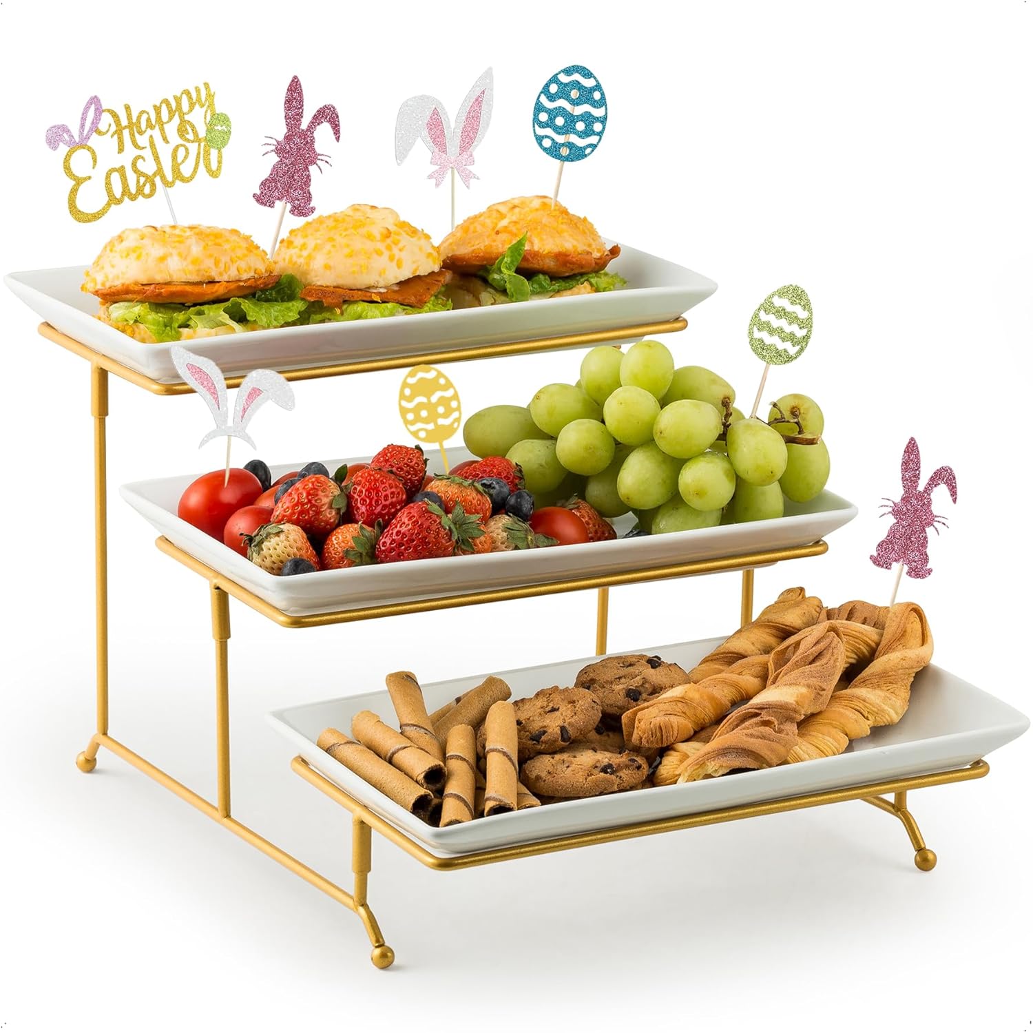 A beautiful three-tiered serving tray in white porcelain, perfect for small bites.