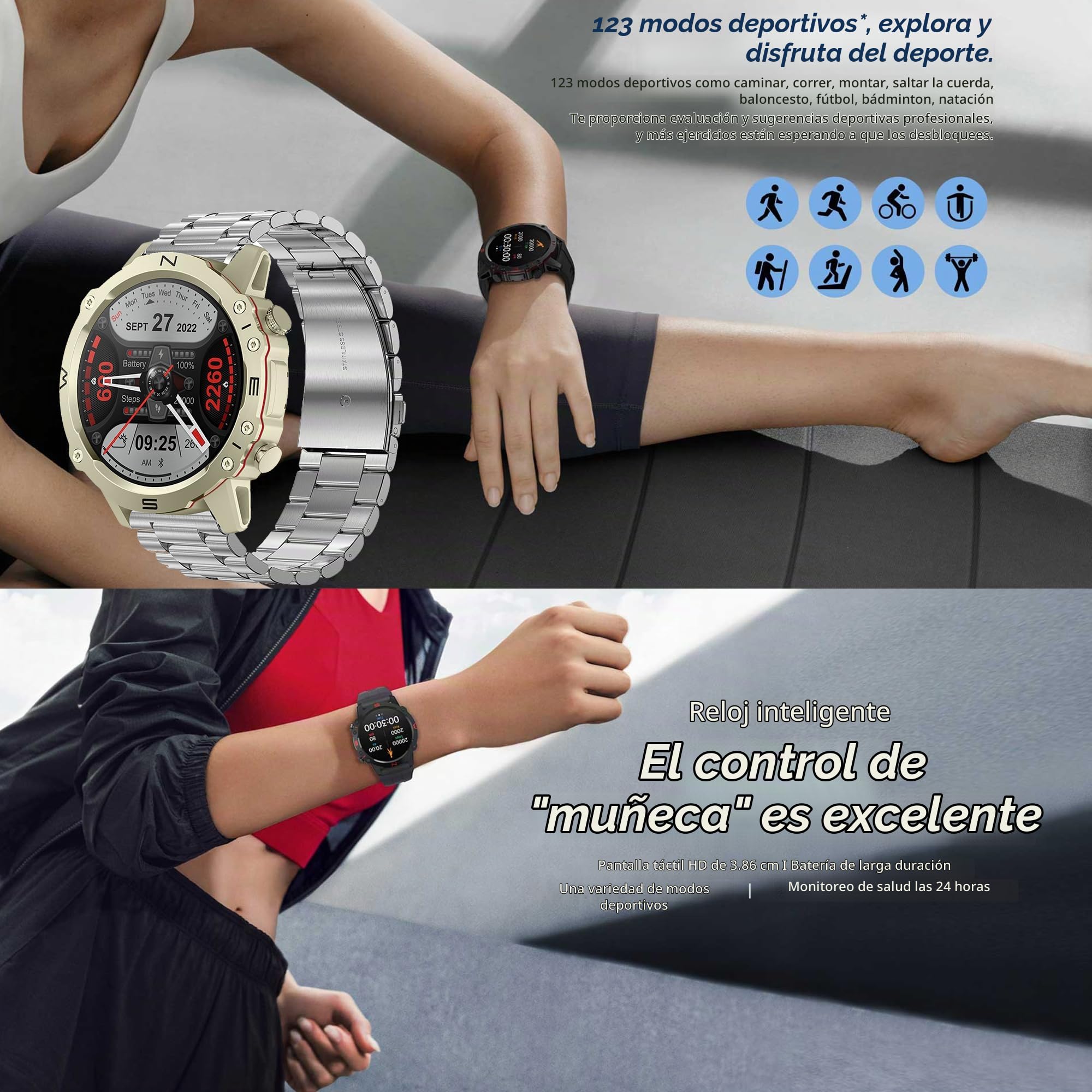 Reloj Inteligente Hombre con Llamada y Whatsapp, 1,52" AMOLED 5ATM Impermeable Reloj Smartwatch 123 Deportivo Hombre con Monitor Sueño, Oxígeno Sanguíneo, Podómetro, Pulsómetro Android iOS (Plata)