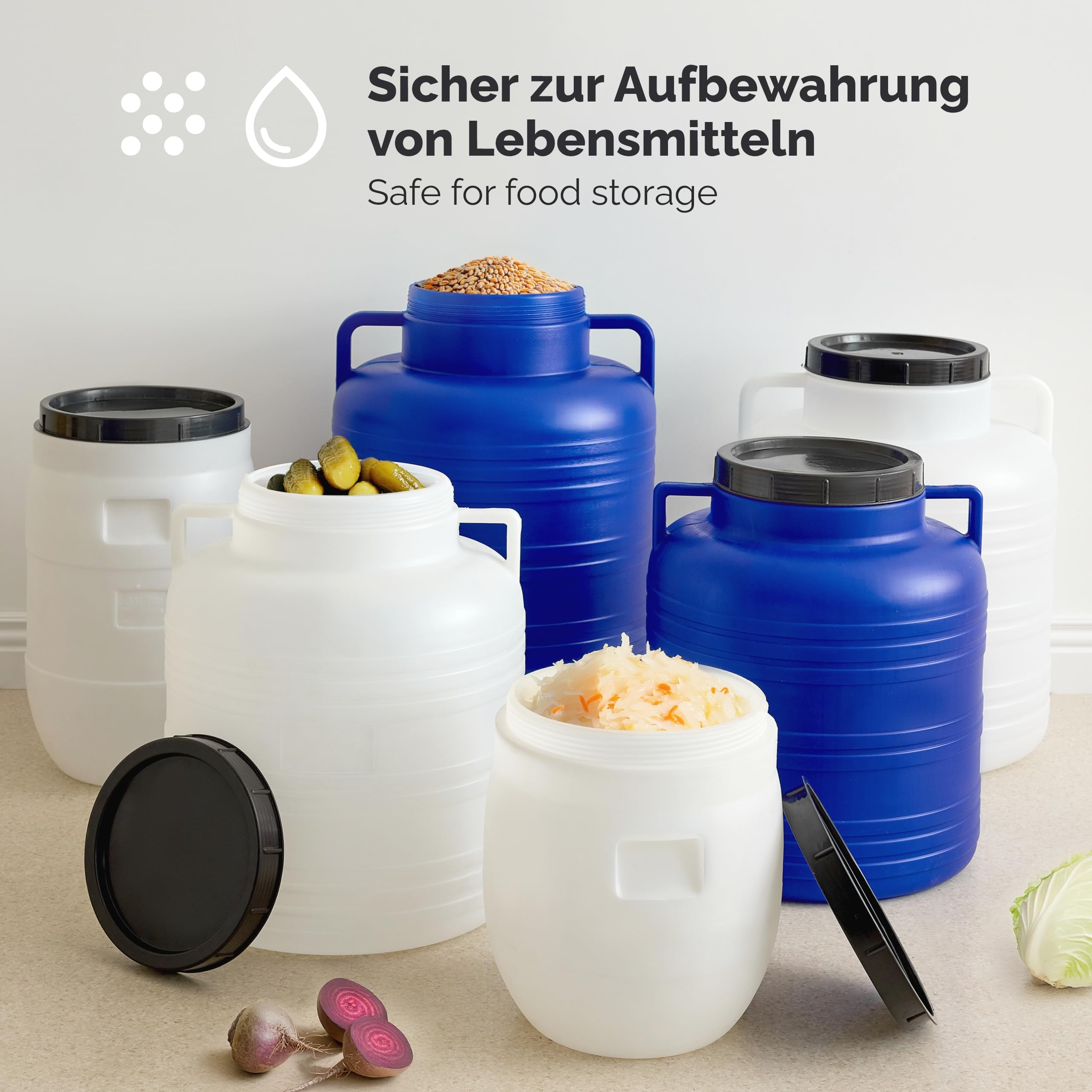 Garronda Set 2X 60 Liter BPA-freies Fass und Futtertonne Weithalsfass Wassertank und Behälter mit Deckel für Sauerkraut sowie Surfass Pökelfass für Fleisch GD-0132 Weiß