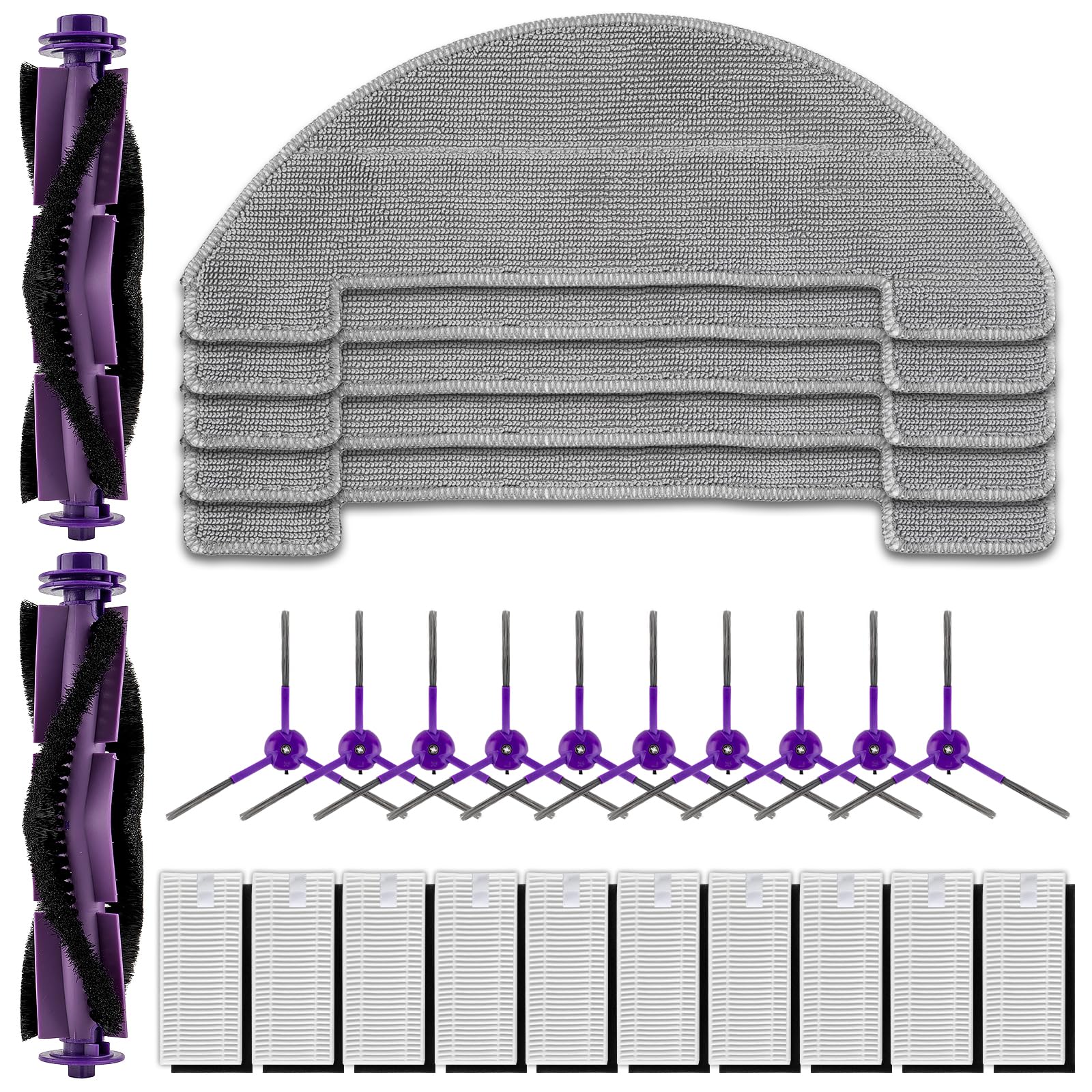 (27 piezas) MR1 SE Piezas de repuesto para robot aspirador MONSGA MR1 SE, 2 cepillos giratorios, 10 cepillos laterales, 10 filtros HEPA con filtros de espuma, 5 paños de fregado, kit de accesorios