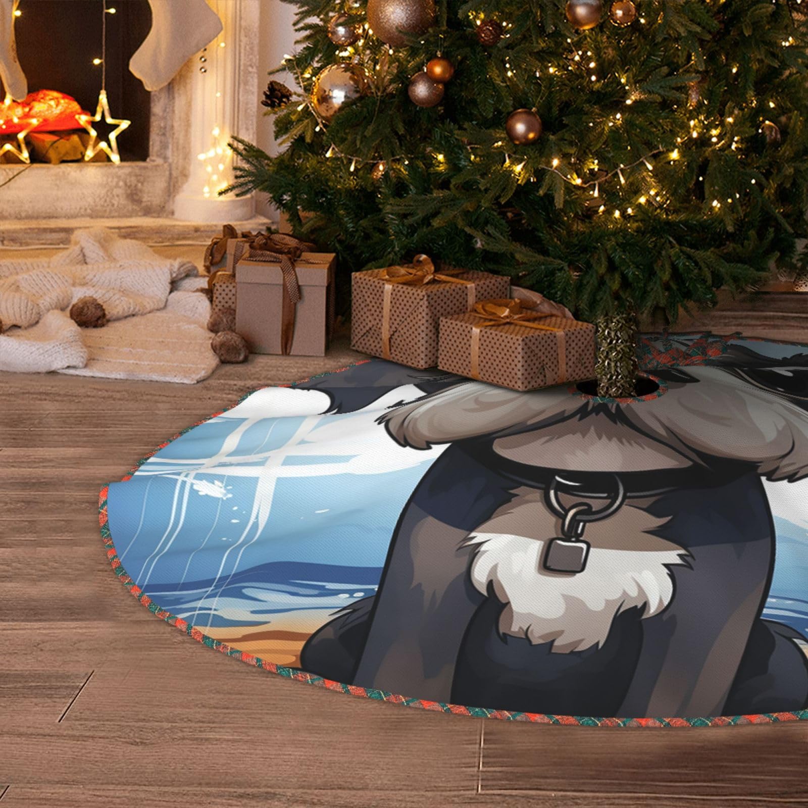 Adorable Schnauzer Christmas Tree Skirt 48" Artificial Tree Mat Cover Merry Christmas Burlap Xmas Tree Skirt for Christmas Decoration Holiday Indoor Outdoor Winter Party Decor