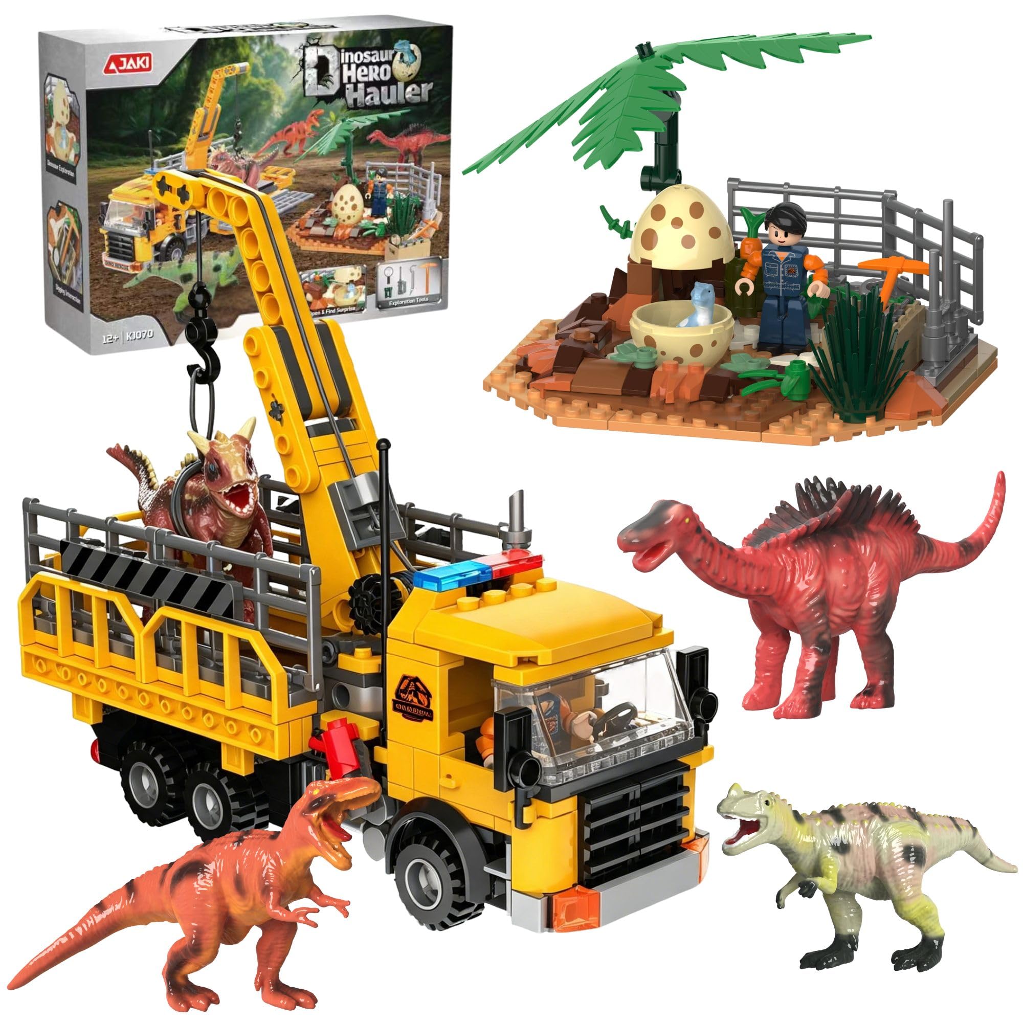 Dinosaur Rescue Transport Truck and Jungle Excavation Scene Building Set Toy, Dinosaur Pa…
