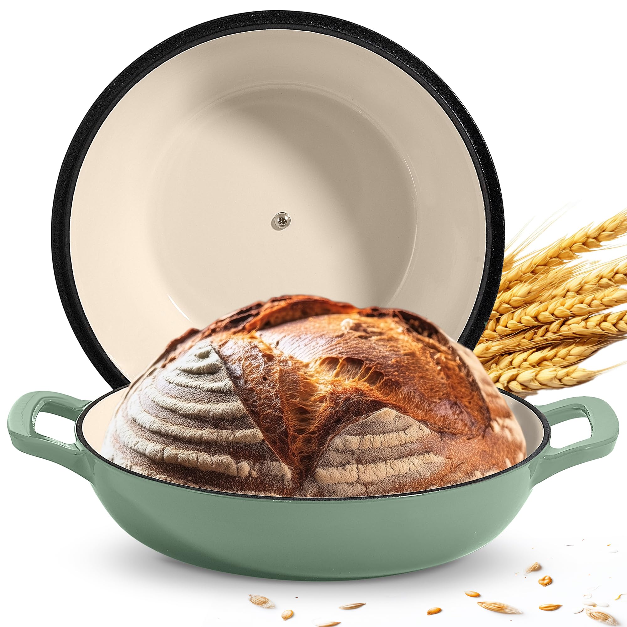 ROSSALLINI Signature Enameled Cast Iron Sourdough Bread Oven | Non-Stick with Tight Fitting Lid for Perfect Baking and Bread Making | 6QT Round Oven With Lid [Sage Green]