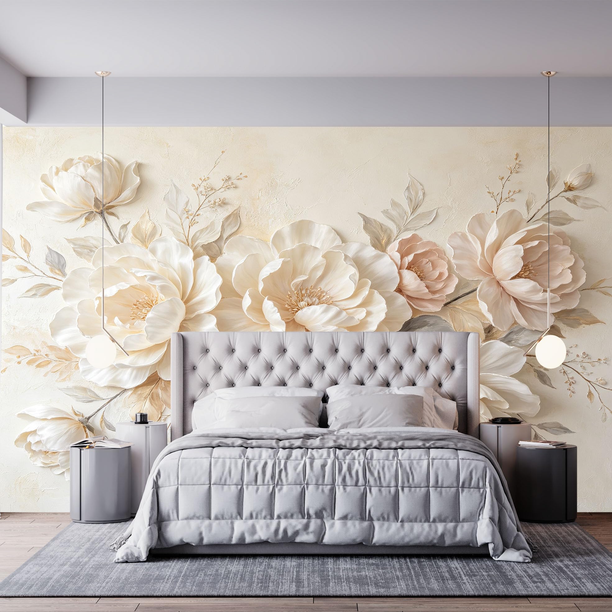 Duża biała piwonia kwiat fototapeta elegancka kwitnąca kwiatowa tapeta z włókniny nowoczesna luksusowa warstwowa płatek botaniczna fototapeta 200 x 140 cm kremowy beżowy cecha ściana do salonu