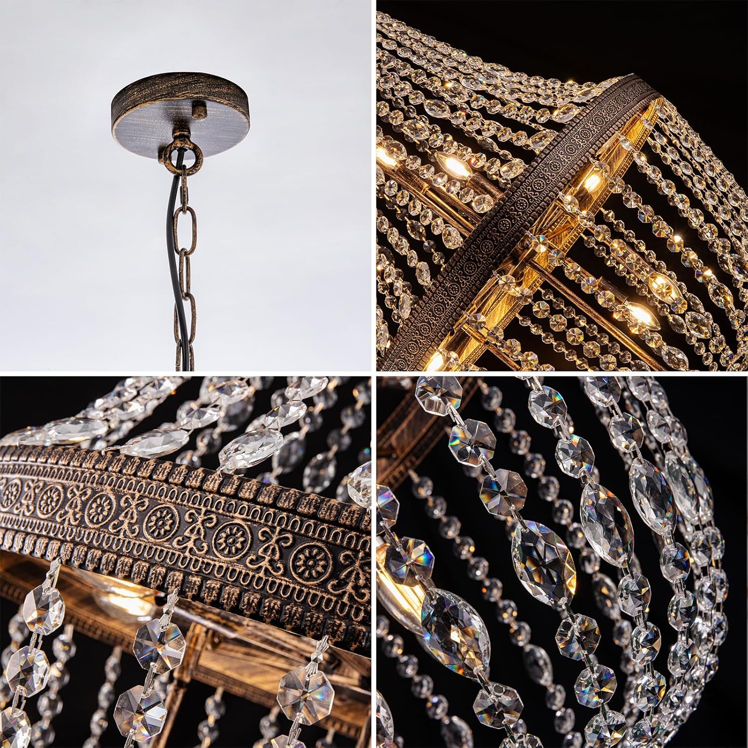 Wellmet 12-Light French Empire Crystal Chandelier, 60.5"H Bronze Rustic Farmhouse Light Fixture, Adjustable High Ceiling Chandelier for Dining Room,Living Room,Foyer,Entryway,Staircase,Hallway, 28"W