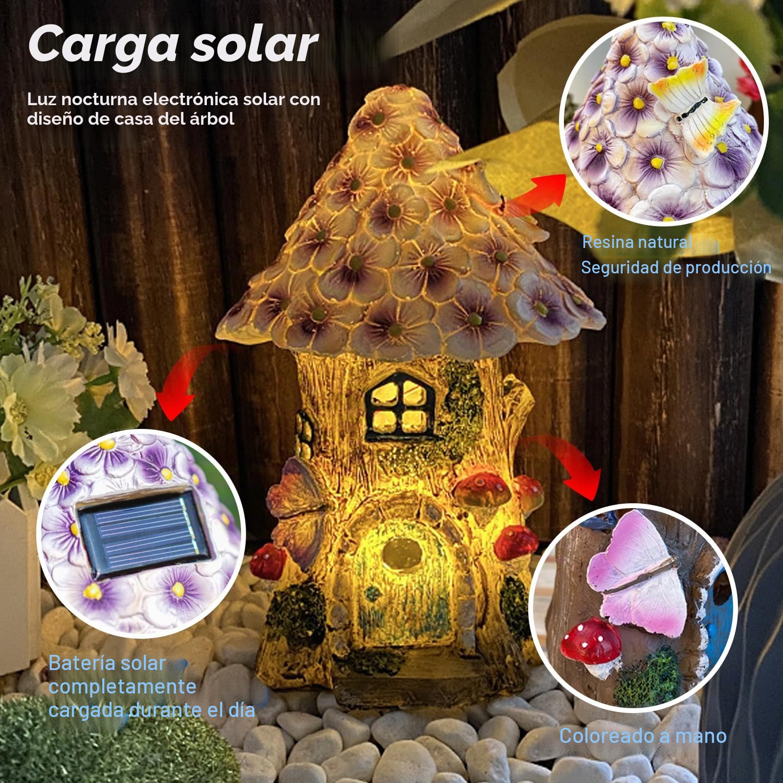 Decoración solar de jardín para exteriores, casa de hadas en forma de seta para exteriores, hecha de resina sintética, IP44 resistente al agua, 6-12 horas, decoración de jardín de casa de hadas.