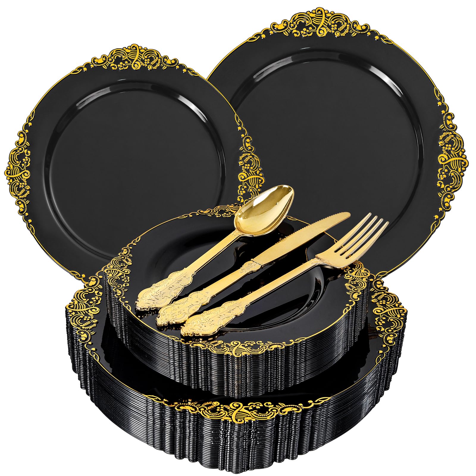 Wedding Plates & Silverware Set - 125PCS Gold & White -15