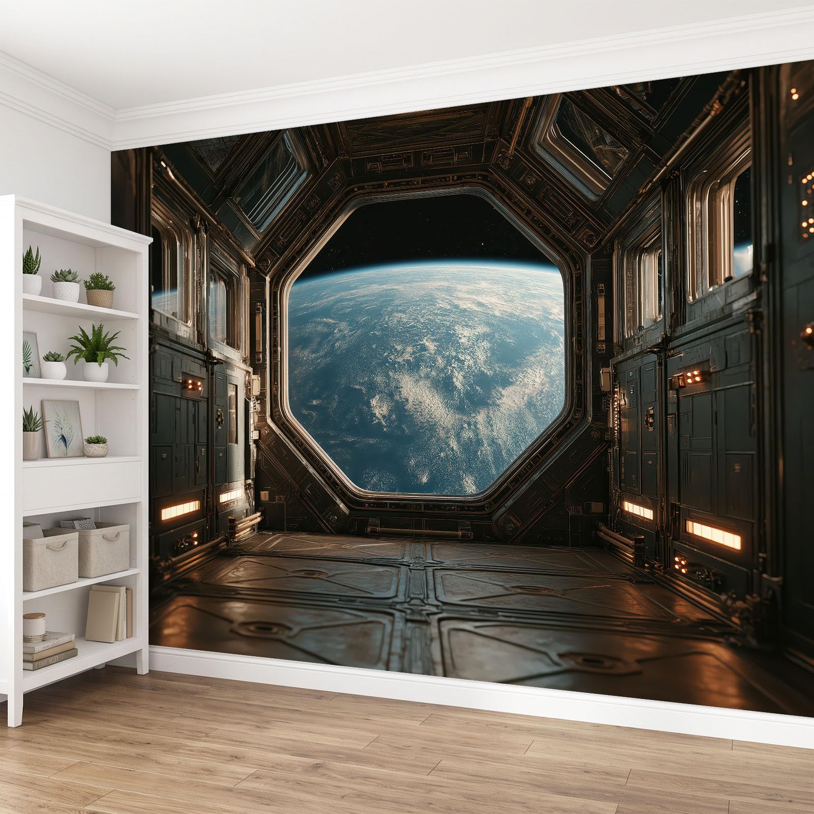 Wizualna fototapeta 3D 300 x 210 cm, włóknina, wysokiej jakości druk mural tapeta, stacja kosmiczna wnętrze widok Ziemi polar mural dekoracja plakat obraz