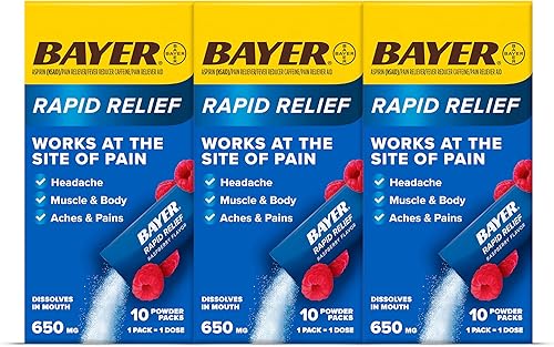 Bayer Rapid Relief Powder Packs with Aspirin & Caffeine, Dissolvable Fast Acting Pain Relief for Headache, Muscle and Body Pain, Raspberry Flavor