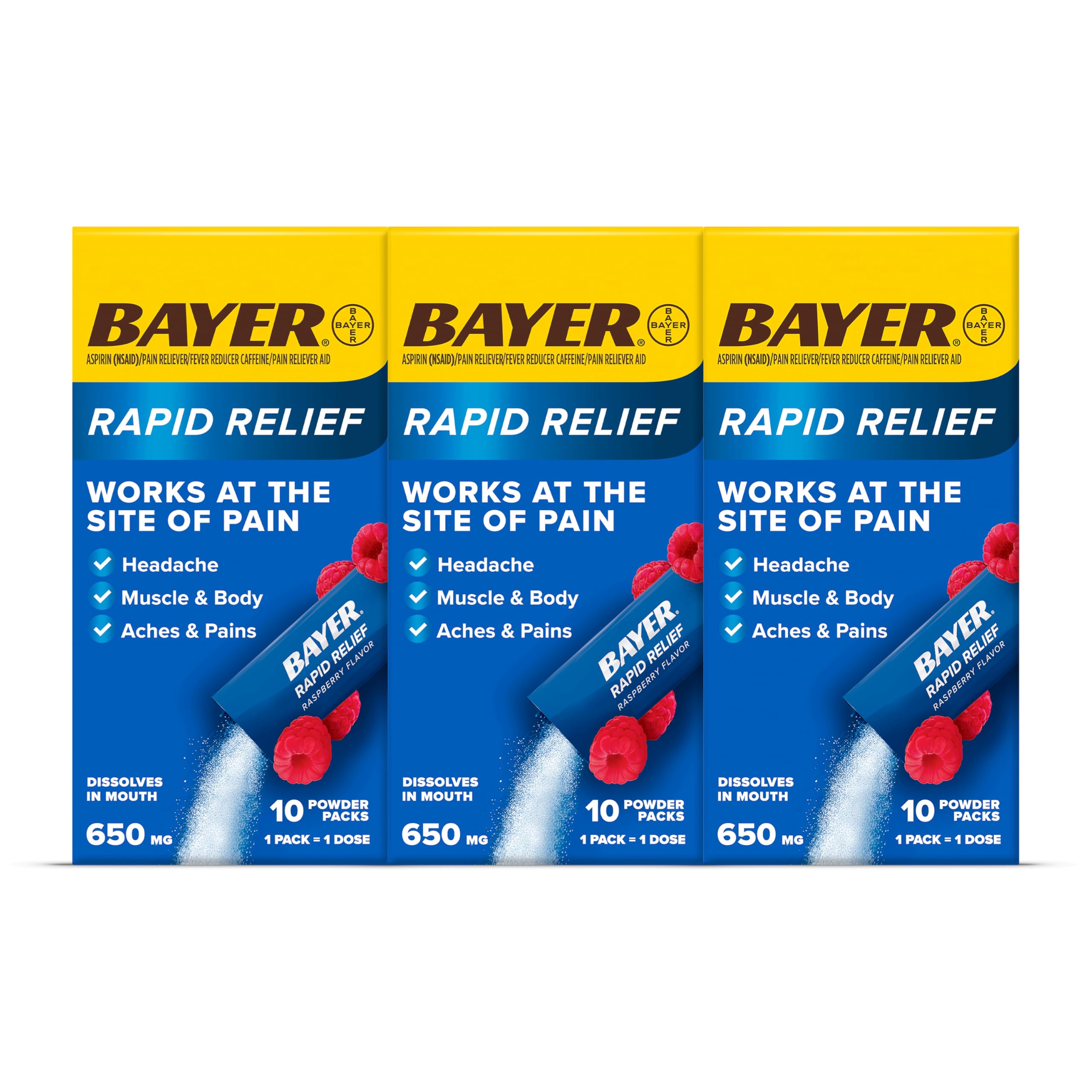 Rapid Relief, Dissolvable Raspberry Flavor, Powder Packs with Aspirin & Caffeine, Fast Acting Headache Relief, Muscle and Body Pain Reliever, 30ct