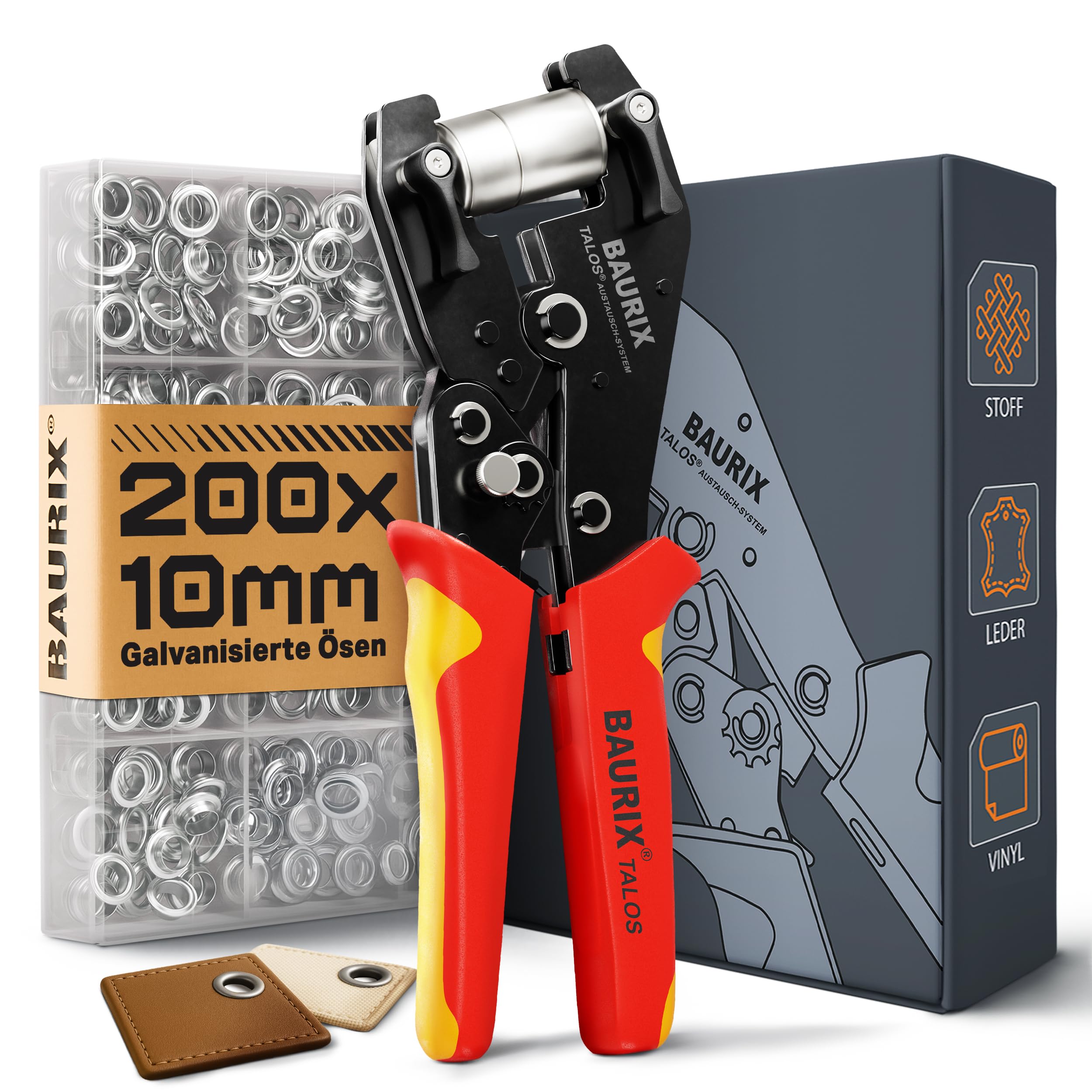 BAURIX® Eyelet Pliers with 200 Metal Eyelets (Ø10 mm) – Automatic Drilling without Pre-Cutting – for Canvas, Fabrics, Leather and Textiles – Ideal for DIY and Sewing – TALOS