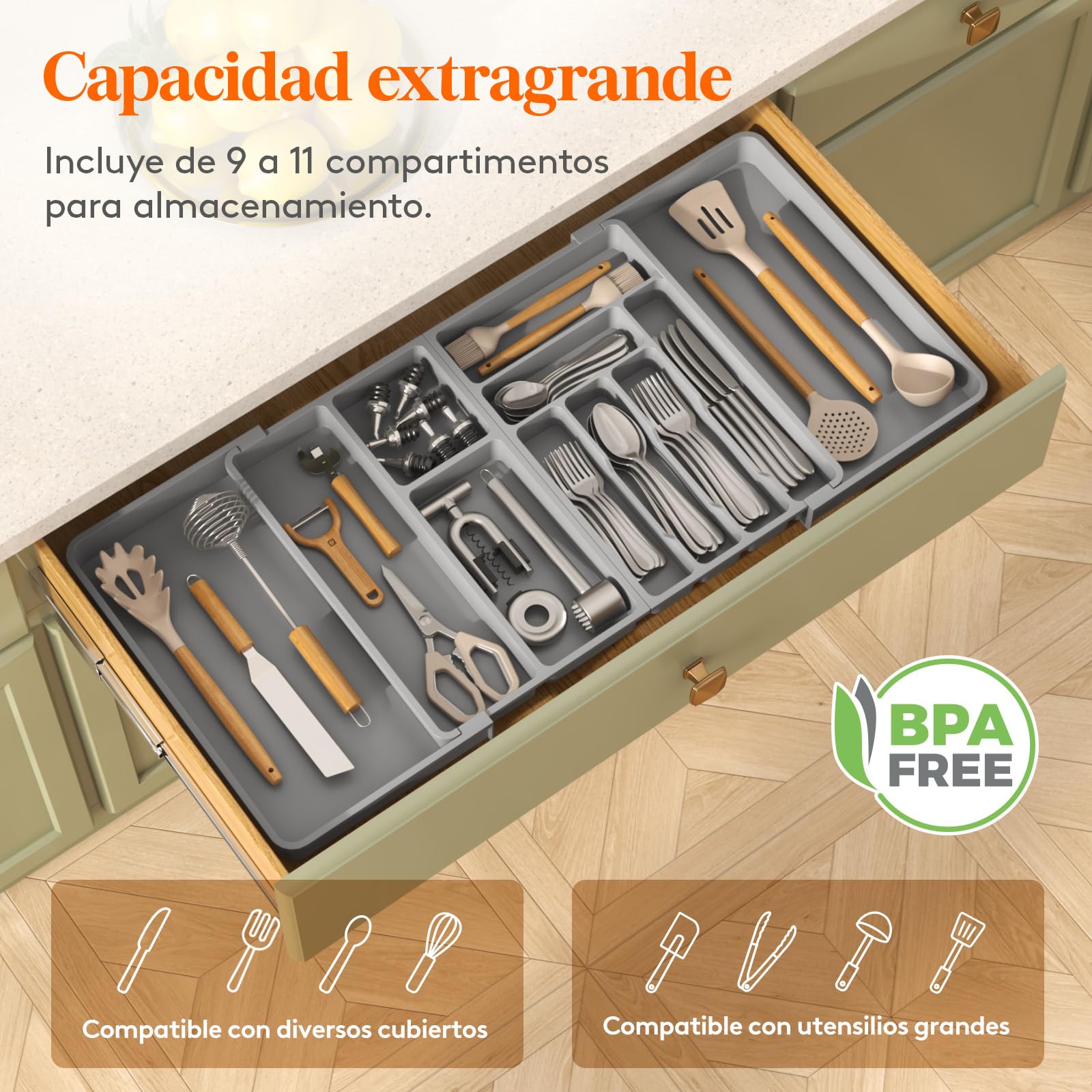 Lifewit Grande Organizador Cubiertos para Cajon, Plástico Bandeja Utensilios de Armario Cocina, Extensible de 54.1cm a 91.4cm, Separador de Cuchara Tenedor Cuchillo Pala Herramientas Pequeñas, Blanco
