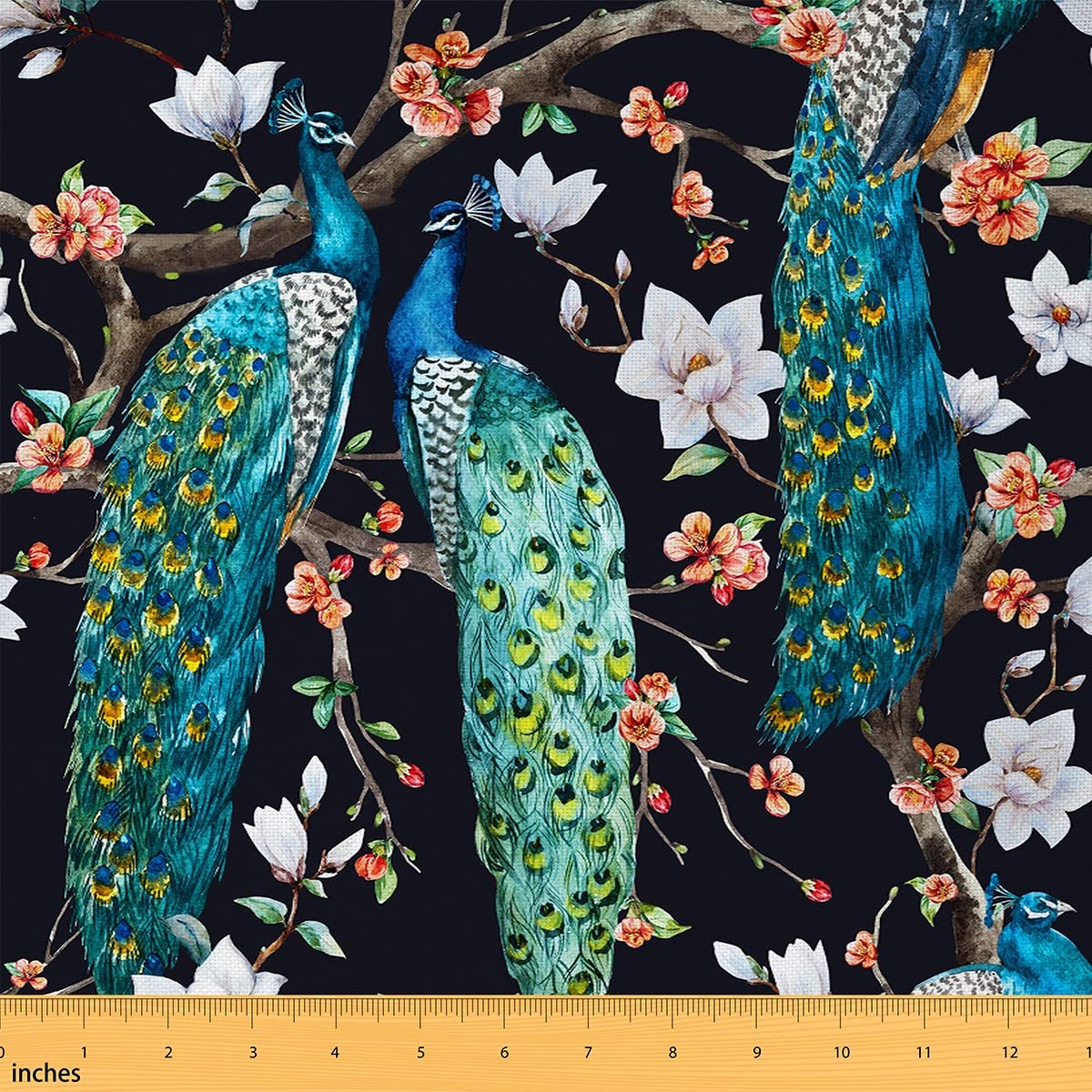 Watercolor Peacock Fabric by The Yard Colorful Blooming Flowers Wild Animal Fabric for Kids Teens Adults Botanical Plants Nature View Fabric for Bed Outdoor Indoor DIY Projects 2 Yards