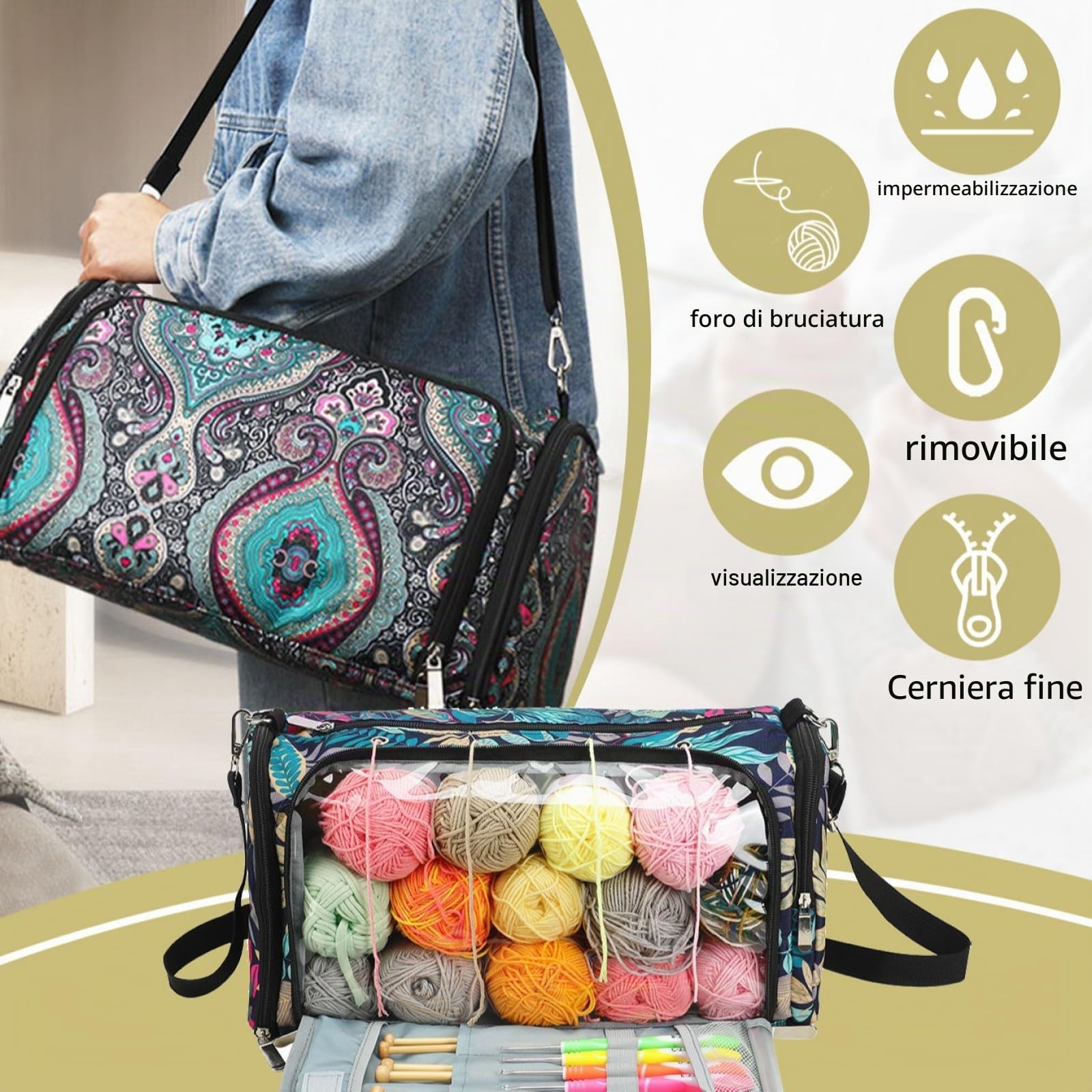 Borsa per filati, organizer per filati, custodia in lana, borsa a maglia, custodia per filati, Borsa per Ricamo in Tessuto Oxford Resistente per Maglieria