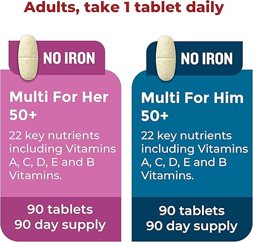 Miniatura 4 de Nature Made Paquete combinado de multivitamínicos de más de 50 para él y ella, multivitamínico para hombres y mujeres con vitamina C, vitamina D3,